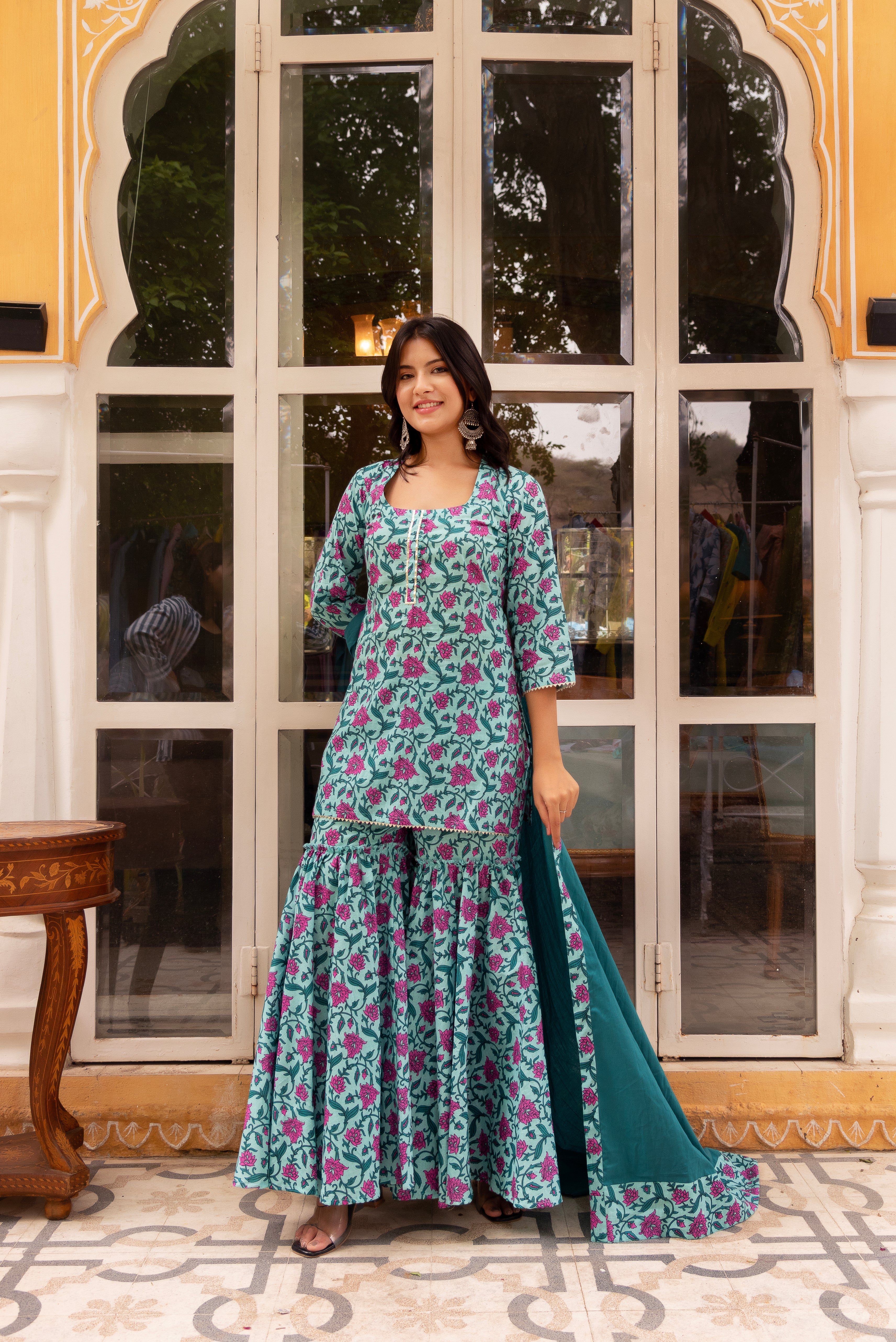 GAURANGI KANCHAN BLUE PRINTED SHARARA SET