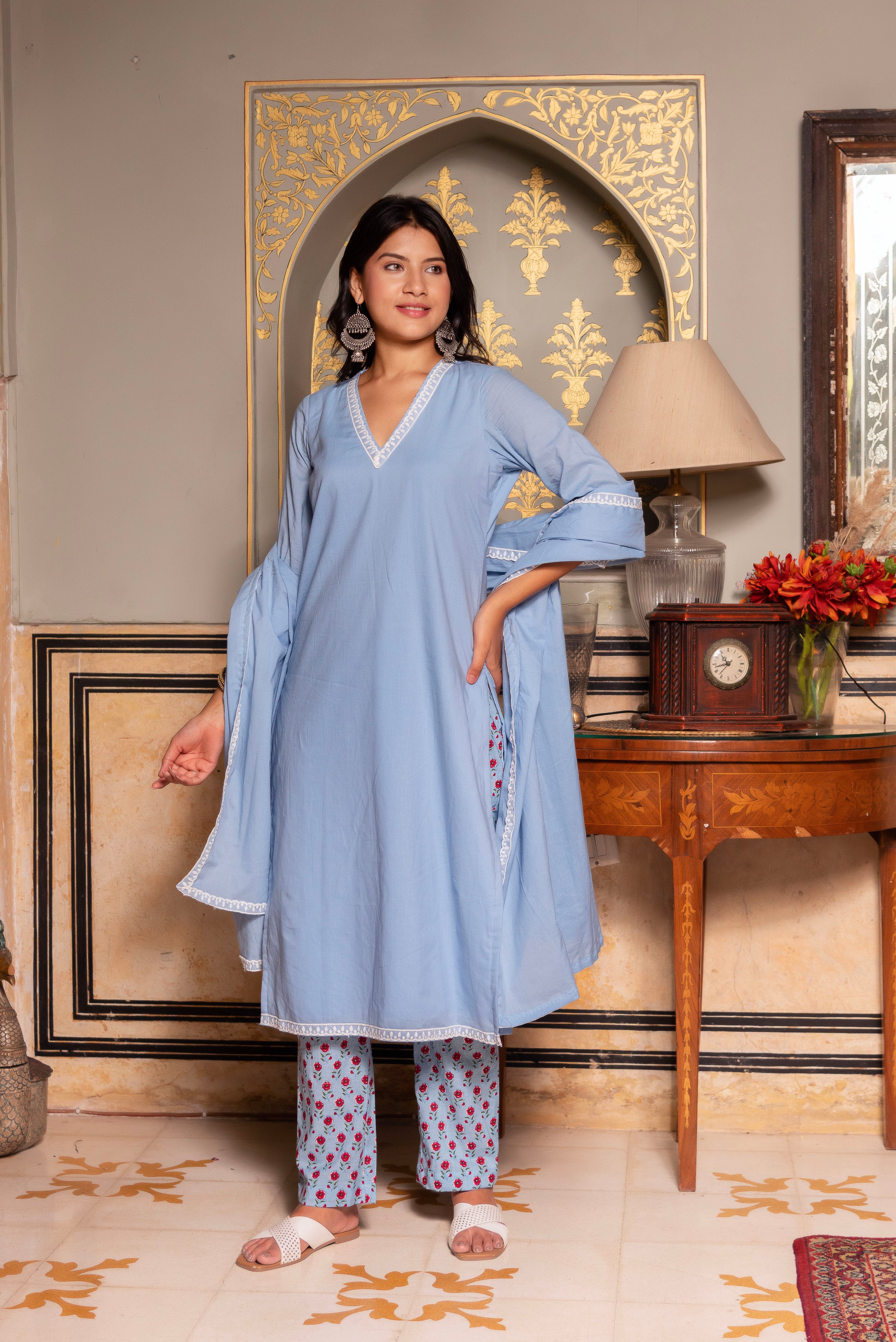 GAURANGI POWDER BLUE PRINTED PANTS COTTON SUIT SET