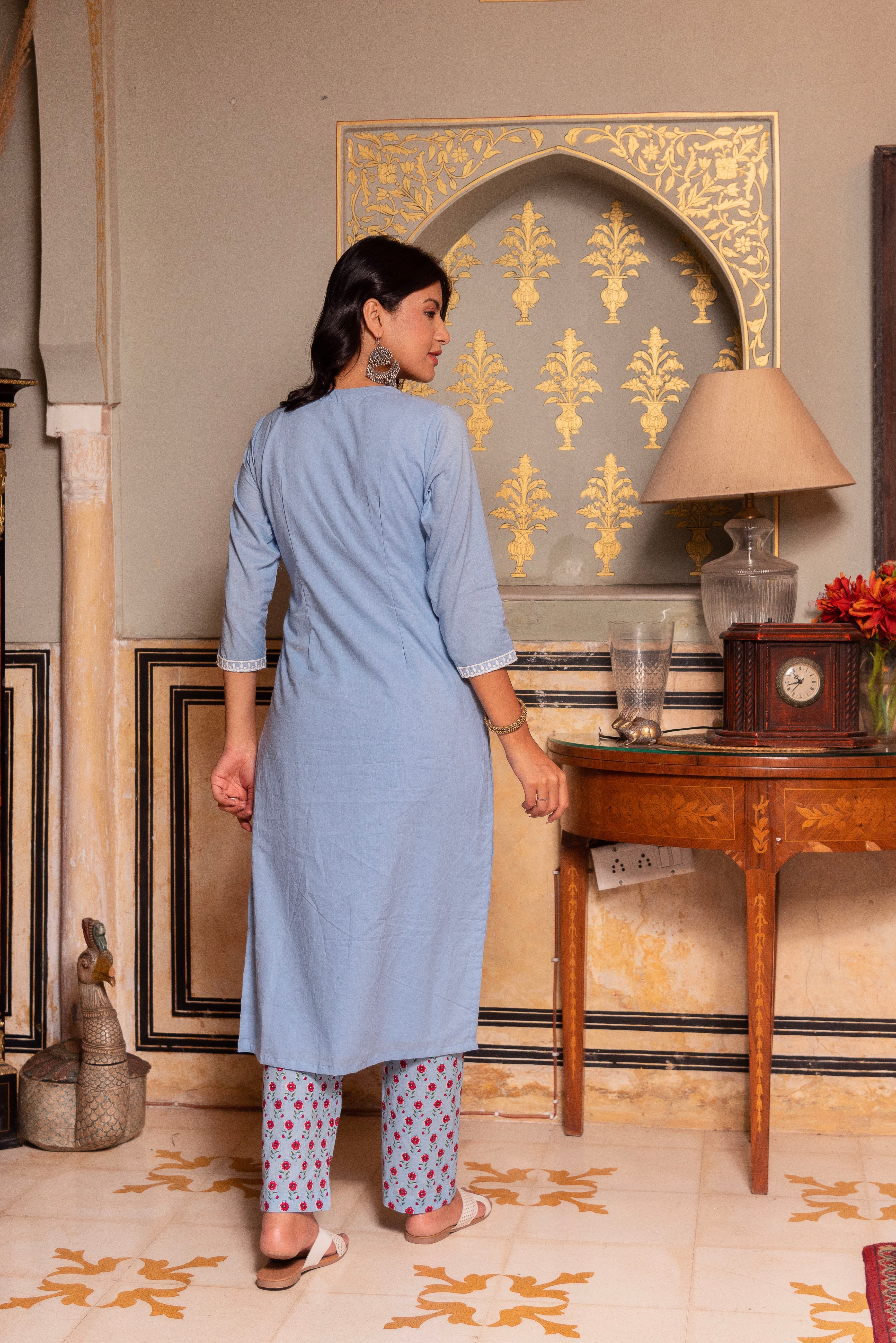 GAURANGI POWDER BLUE PRINTED PANTS COTTON SUIT SET