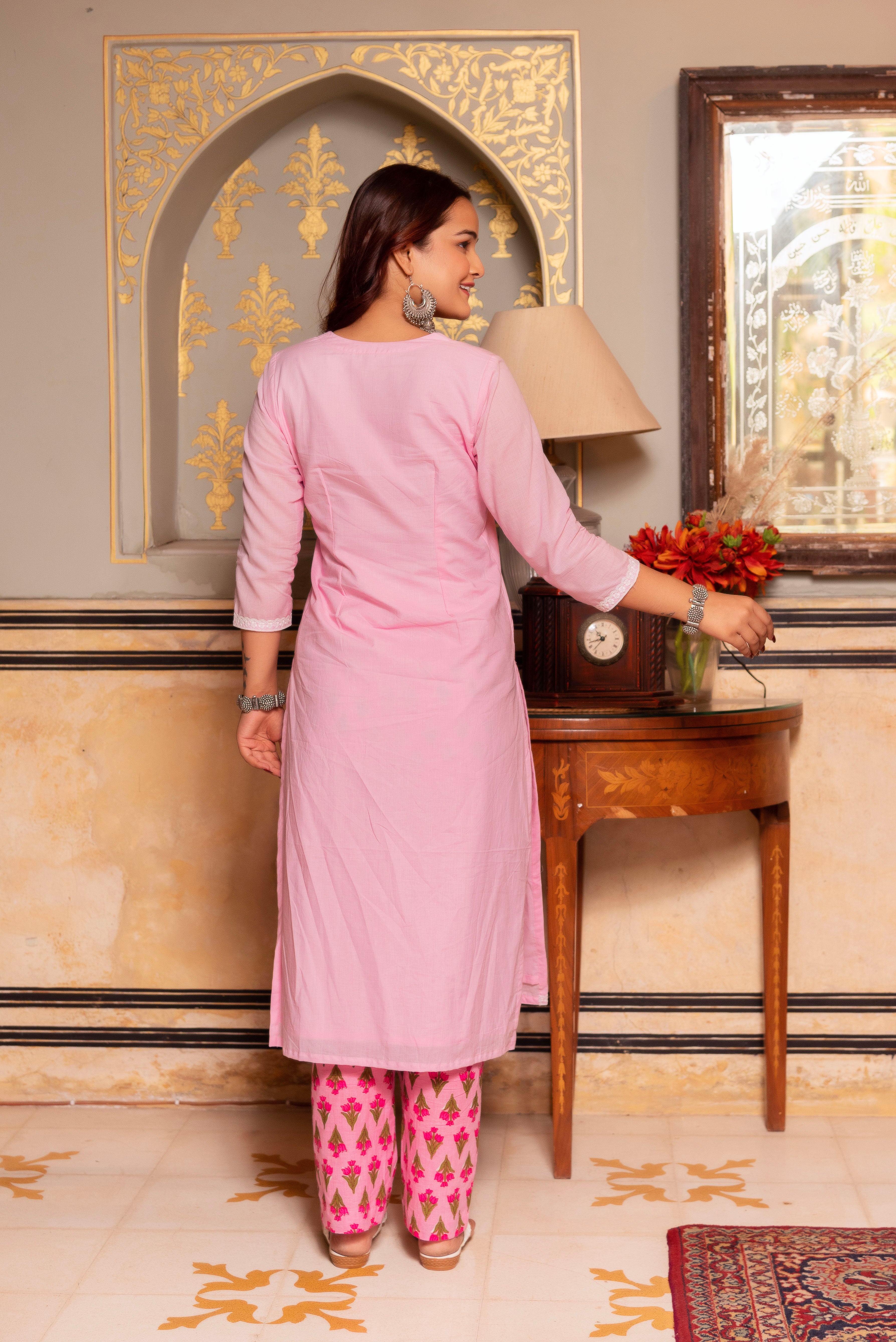 GAURANGI PINK PRINTED PANTS COTTON SUIT SET