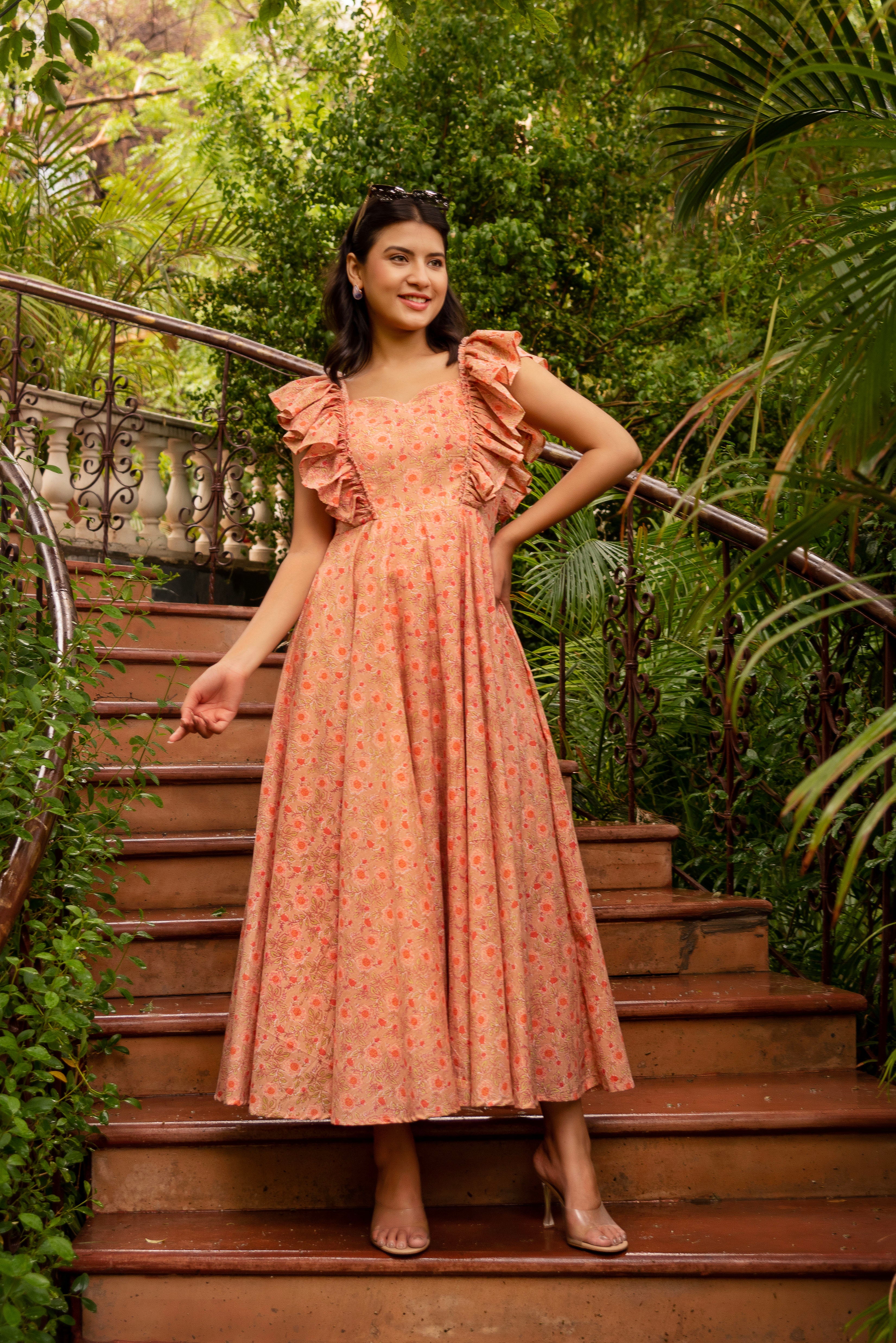 GAURANGI PEACH AASMA COTTON PRINTED DRESS