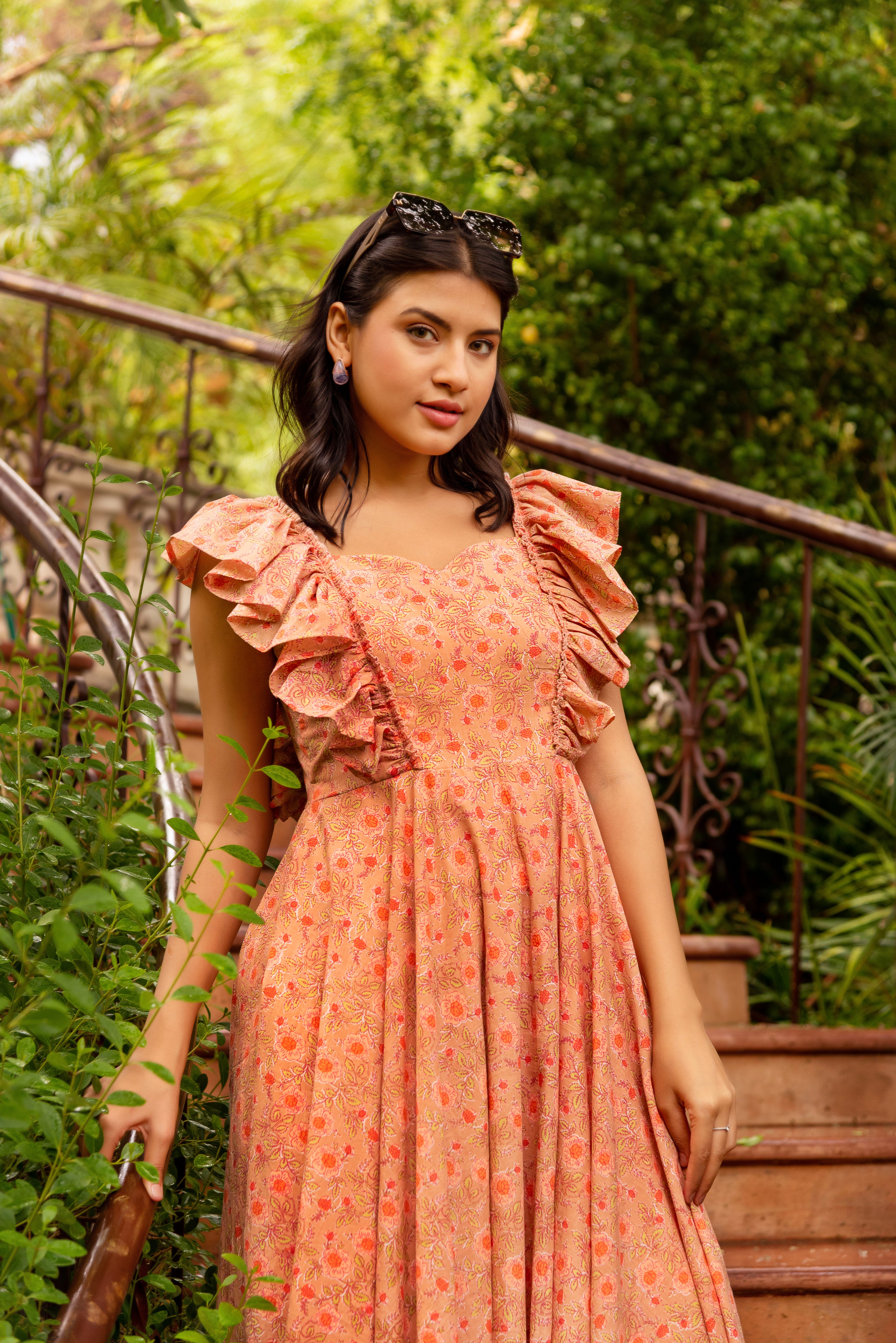 GAURANGI PEACH AASMA COTTON PRINTED DRESS