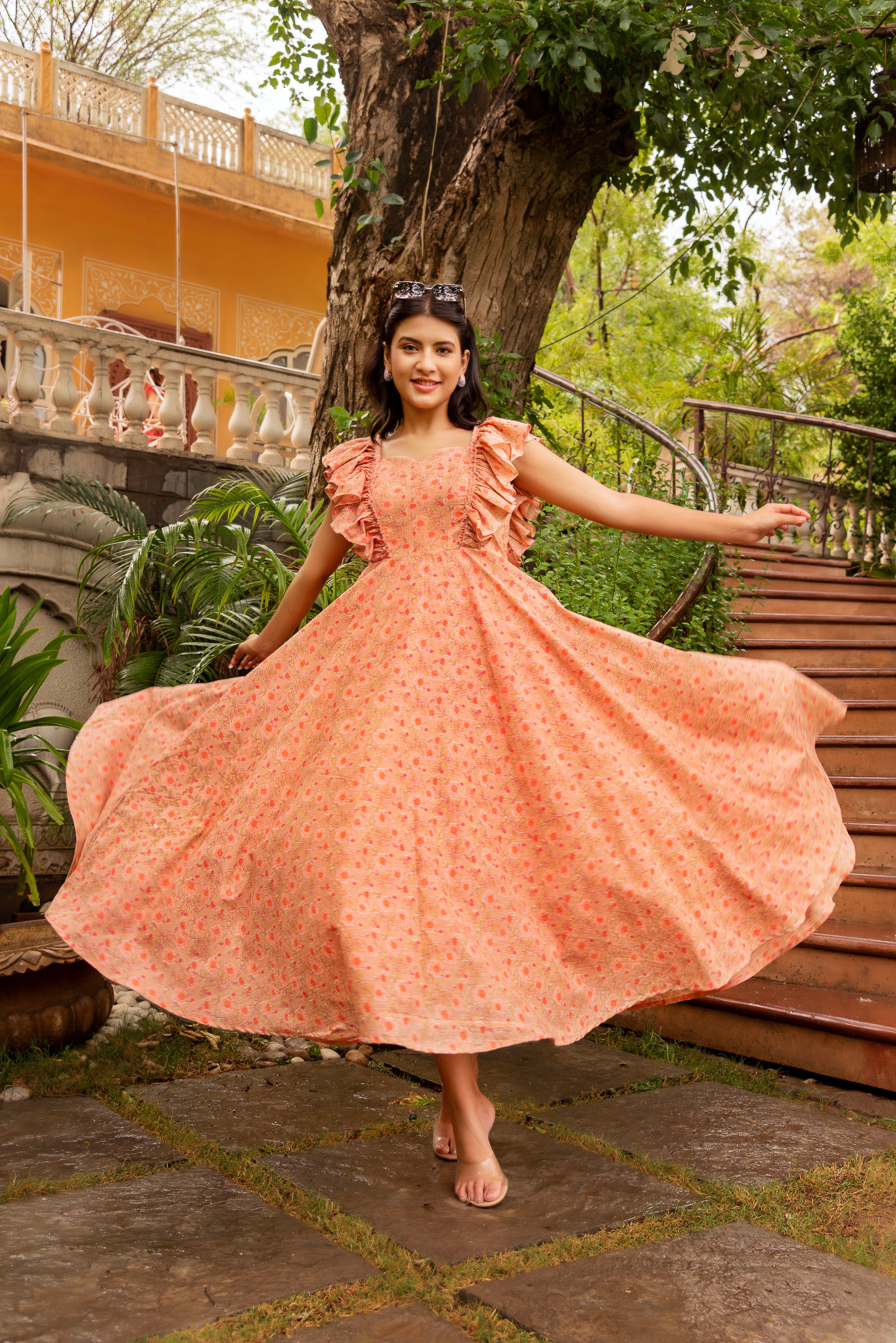 GAURANGI PEACH AASMA COTTON PRINTED DRESS