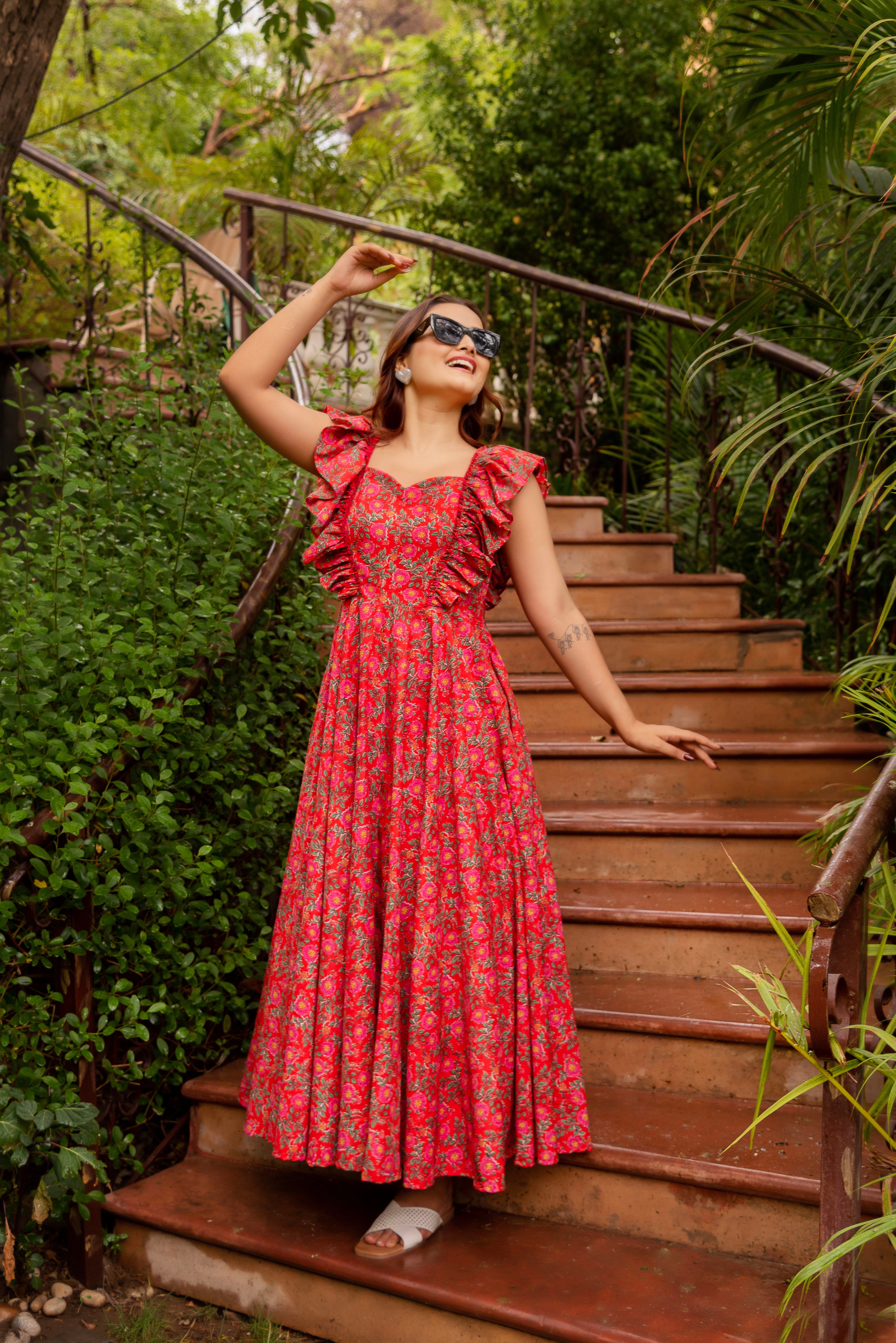 GAURANGI RED INAYA COTTON PRINTED DRESS