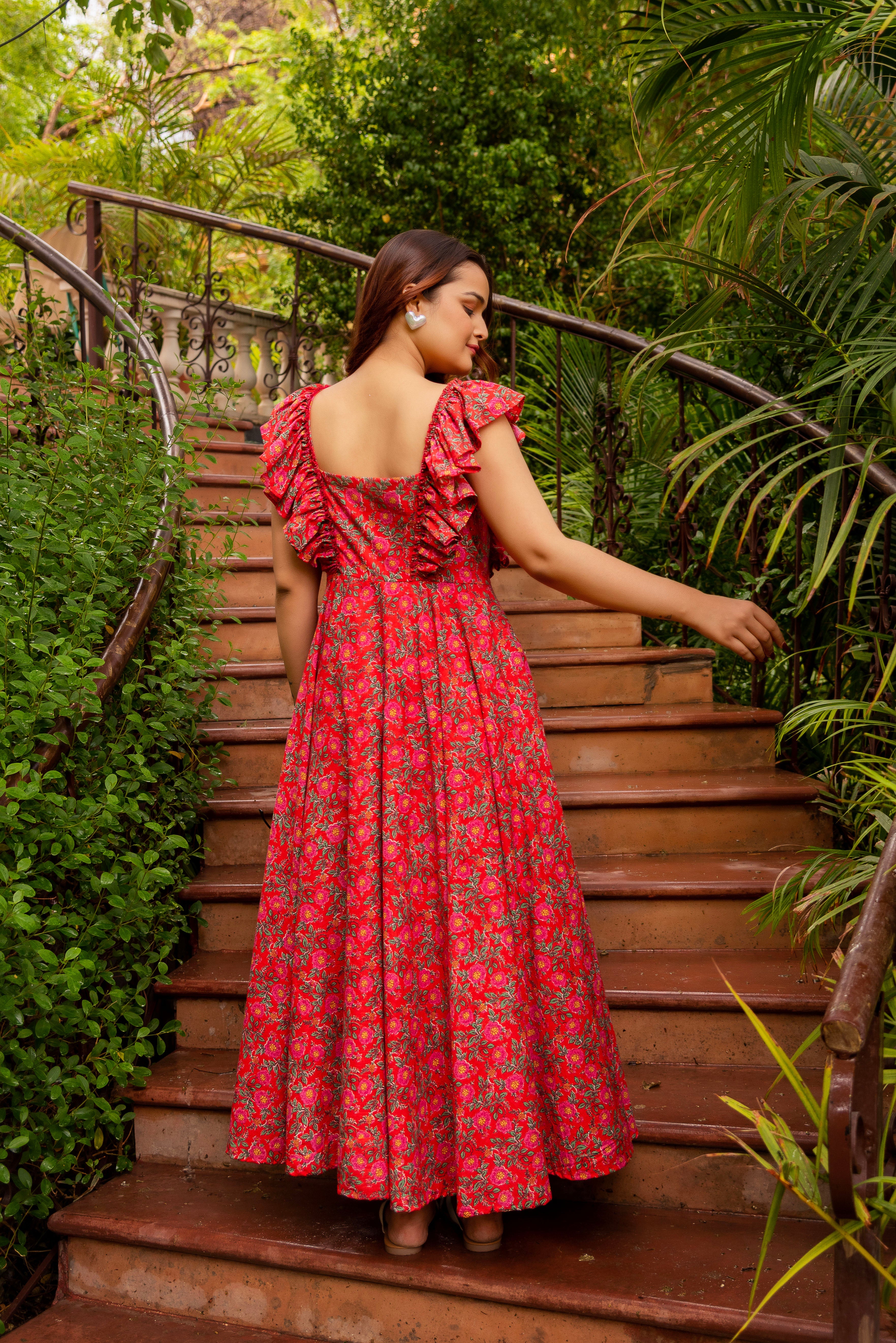 GAURANGI RED INAYA COTTON PRINTED DRESS