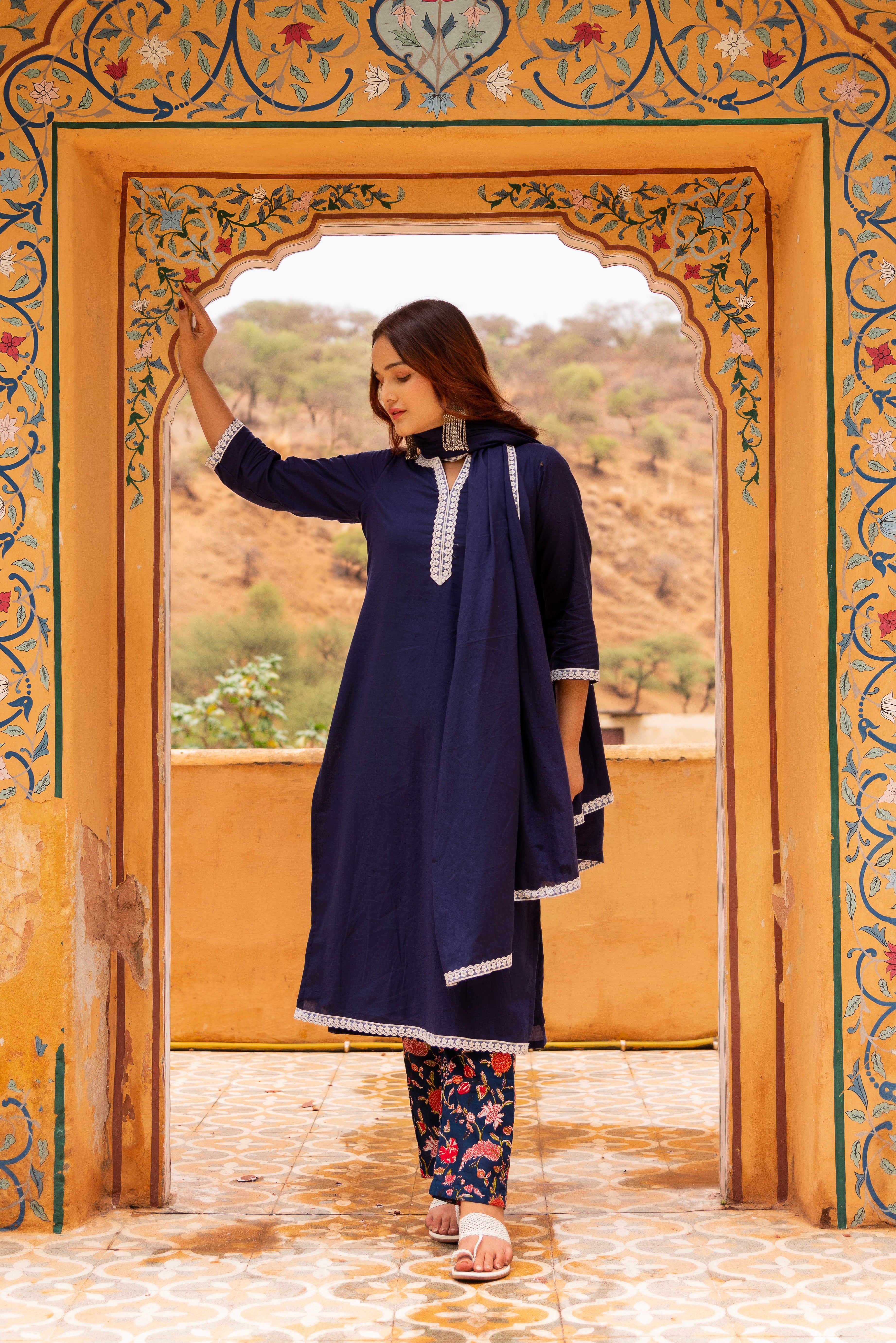 GAURANGI ROYAL BLUE PRINTED PANTS COTTON SUIT SET