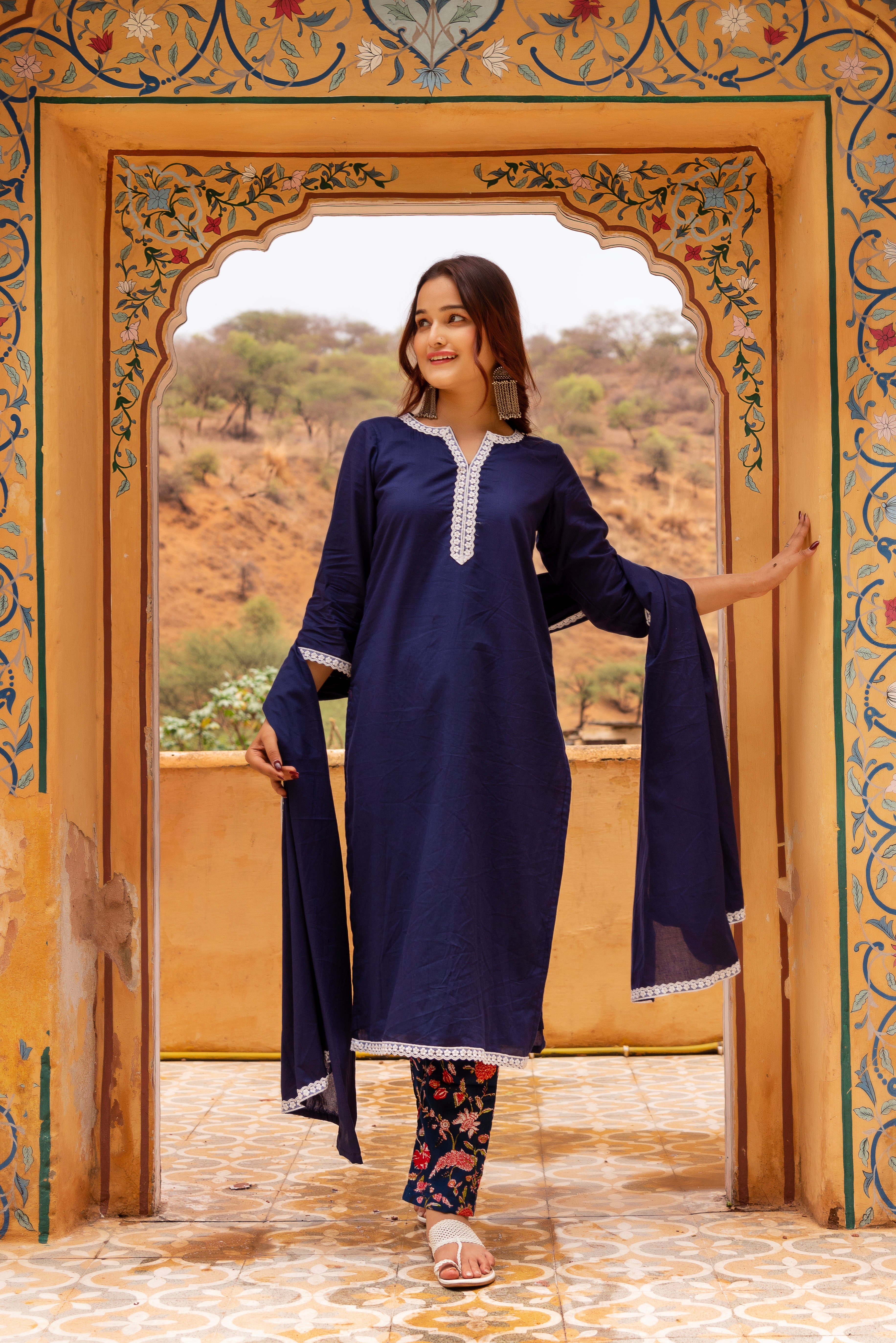 GAURANGI ROYAL BLUE PRINTED PANTS COTTON SUIT SET