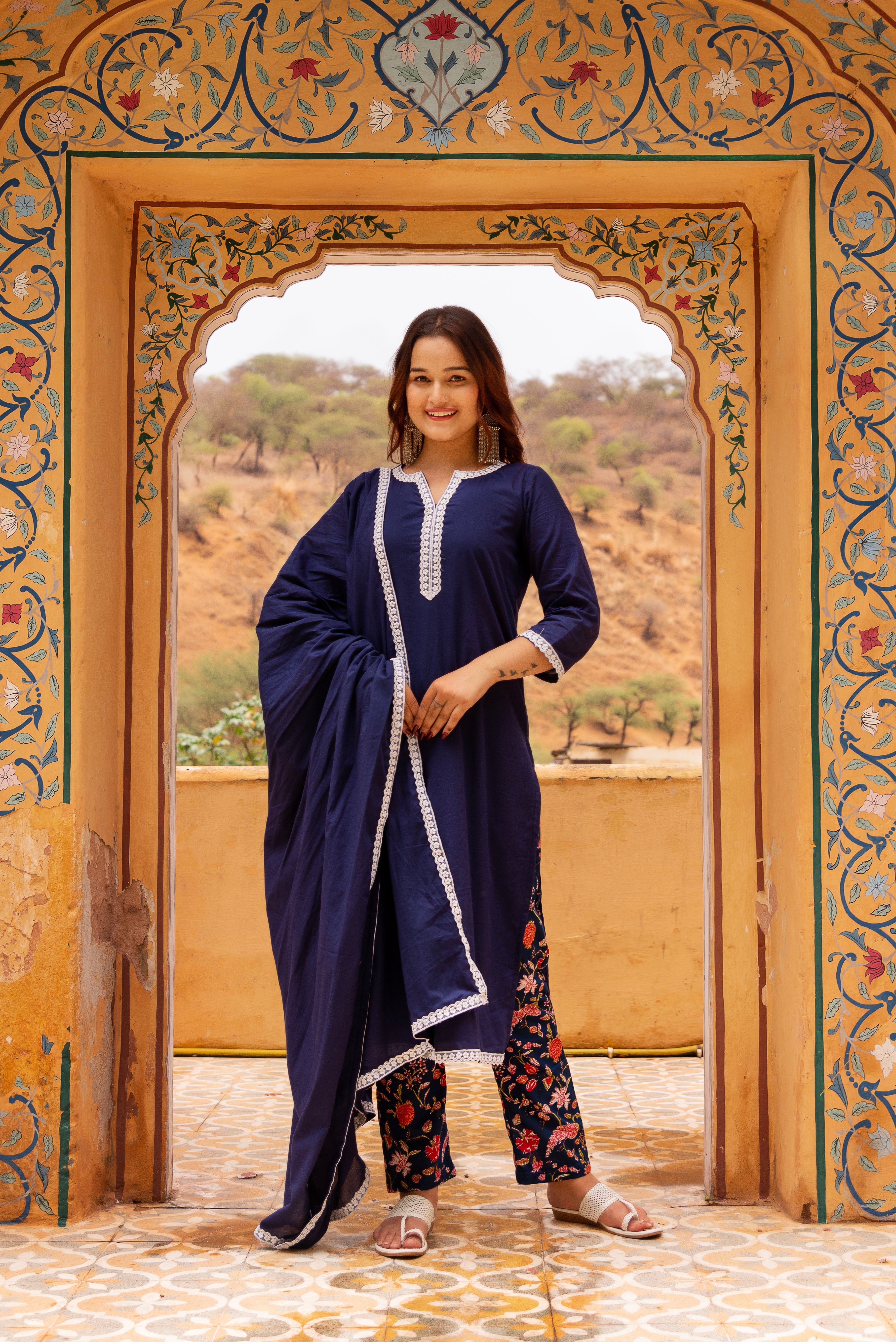 GAURANGI ROYAL BLUE PRINTED PANTS COTTON SUIT SET