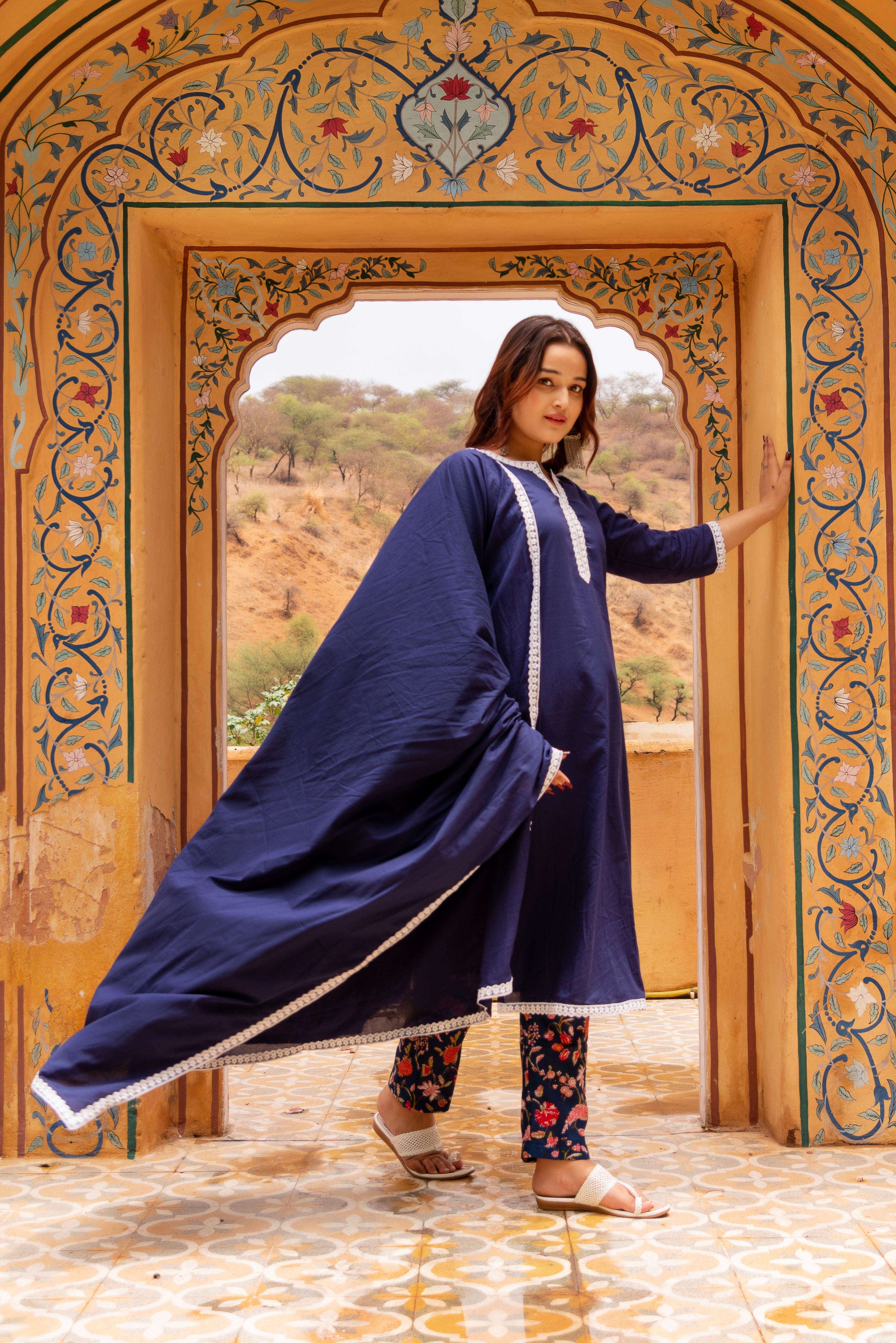 GAURANGI ROYAL BLUE PRINTED PANTS COTTON SUIT SET