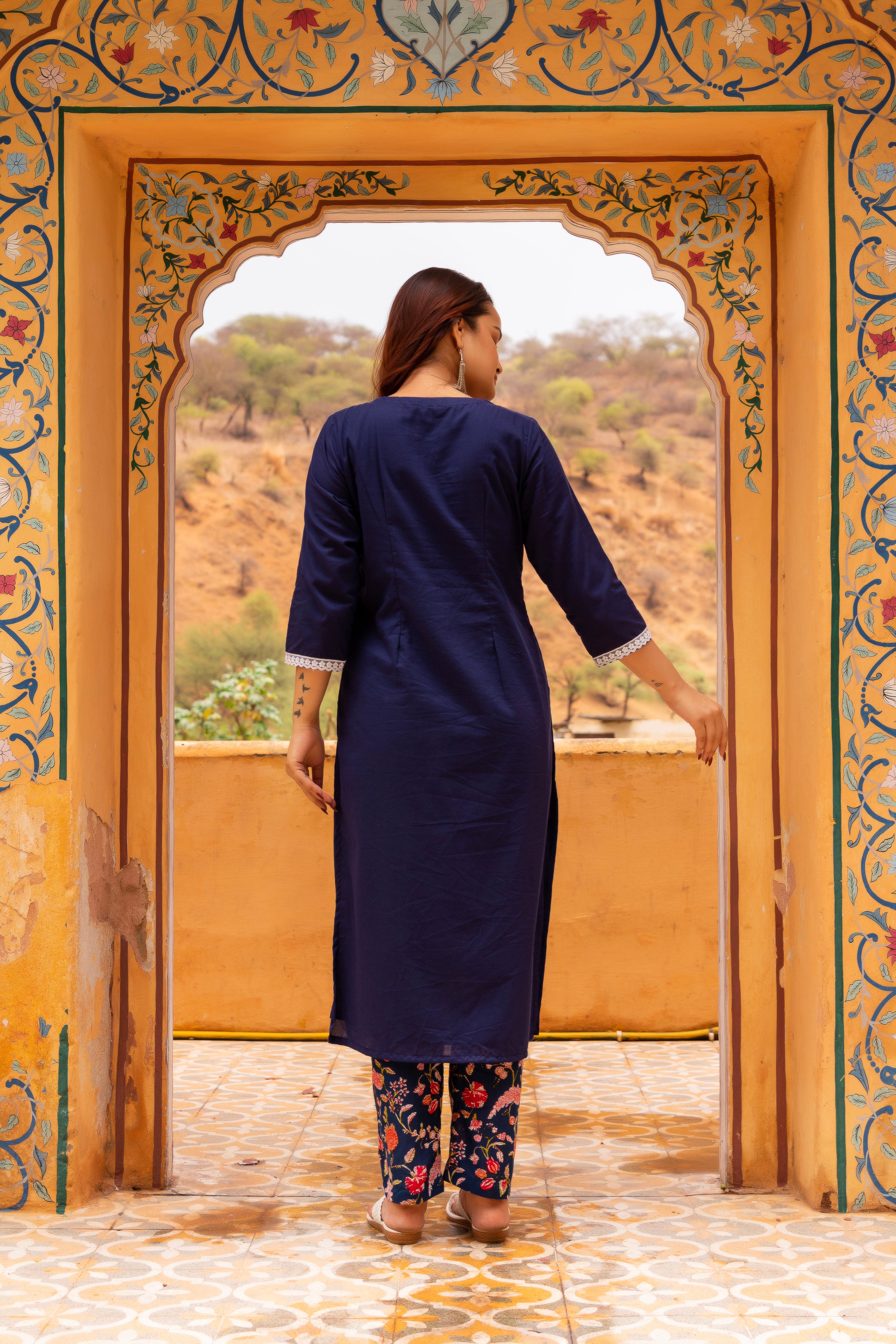 GAURANGI ROYAL BLUE PRINTED PANTS COTTON SUIT SET