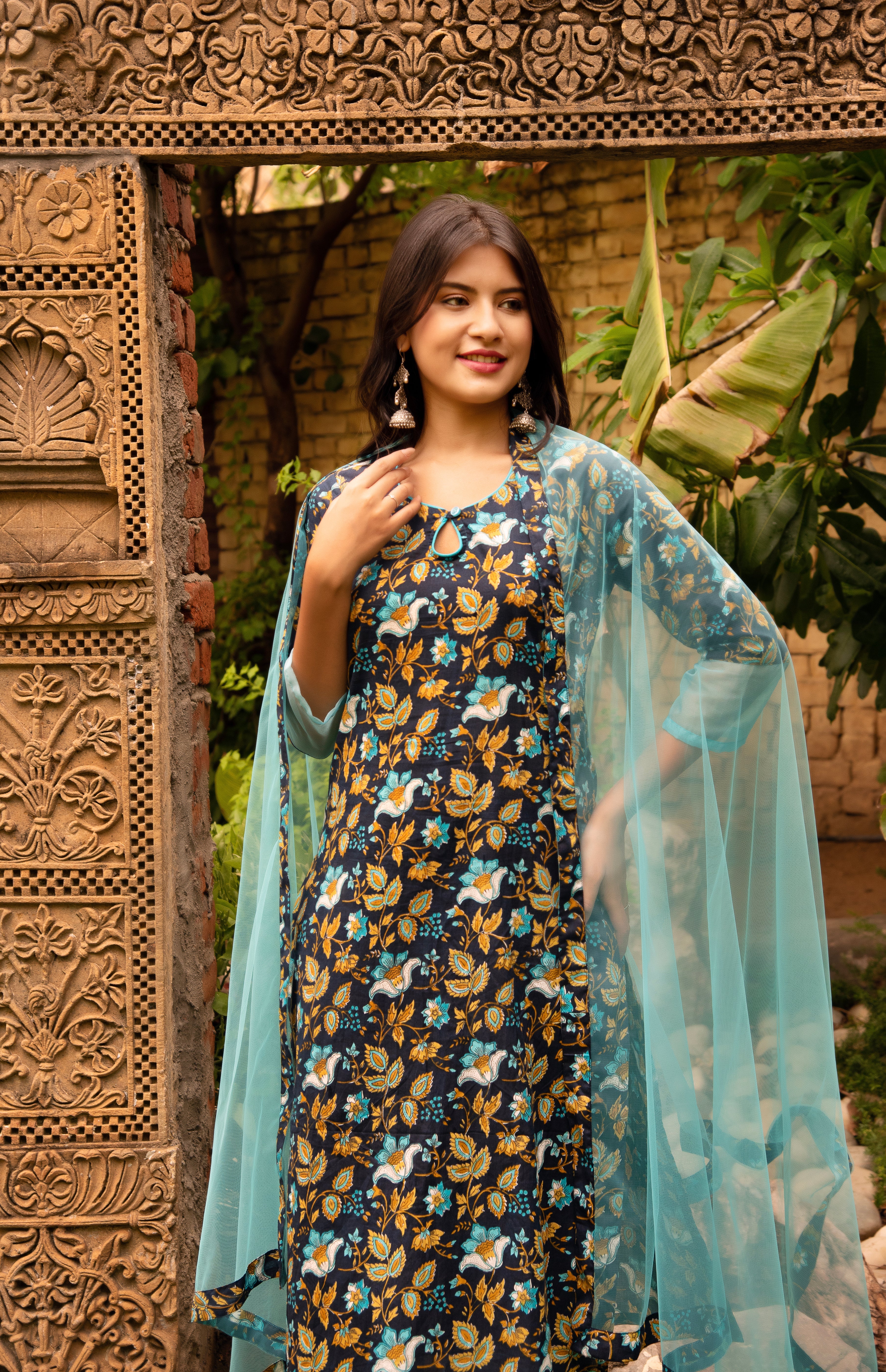 GAURANGI BLUE PHULWARI  COTTON SUIT SET