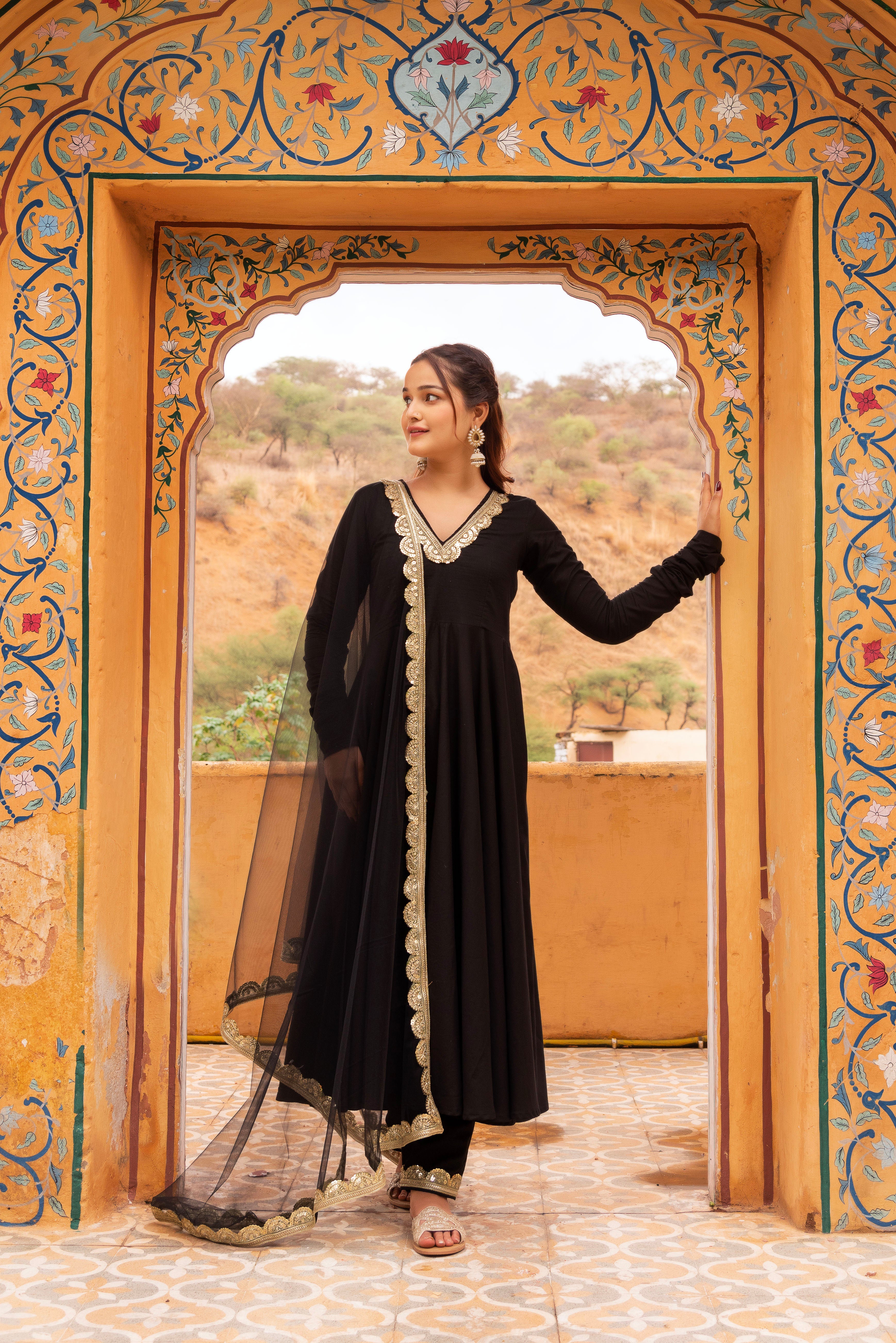 GAURANGI BLACK ROSE COTTON ANARKALI SET