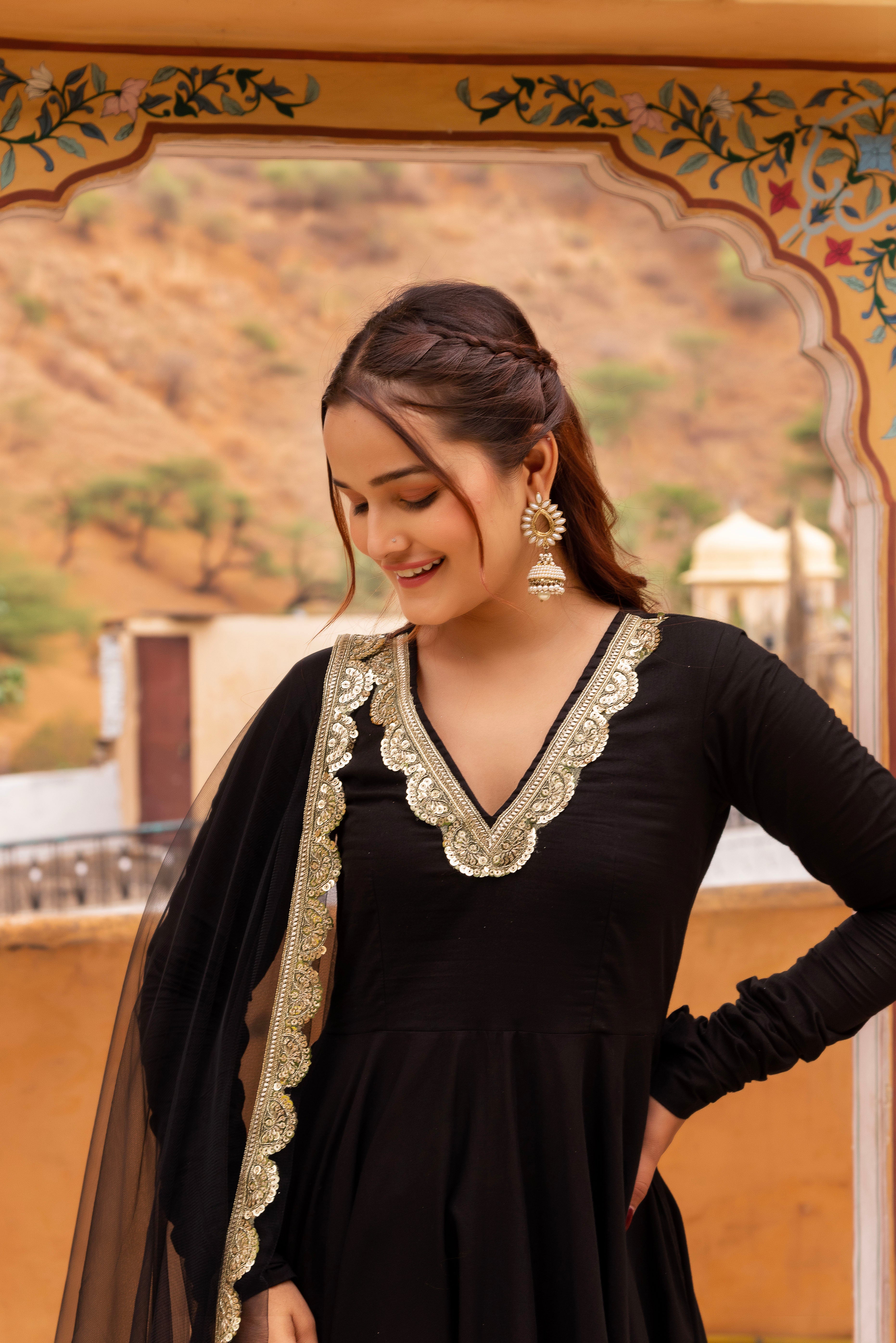 GAURANGI BLACK ROSE COTTON ANARKALI SET