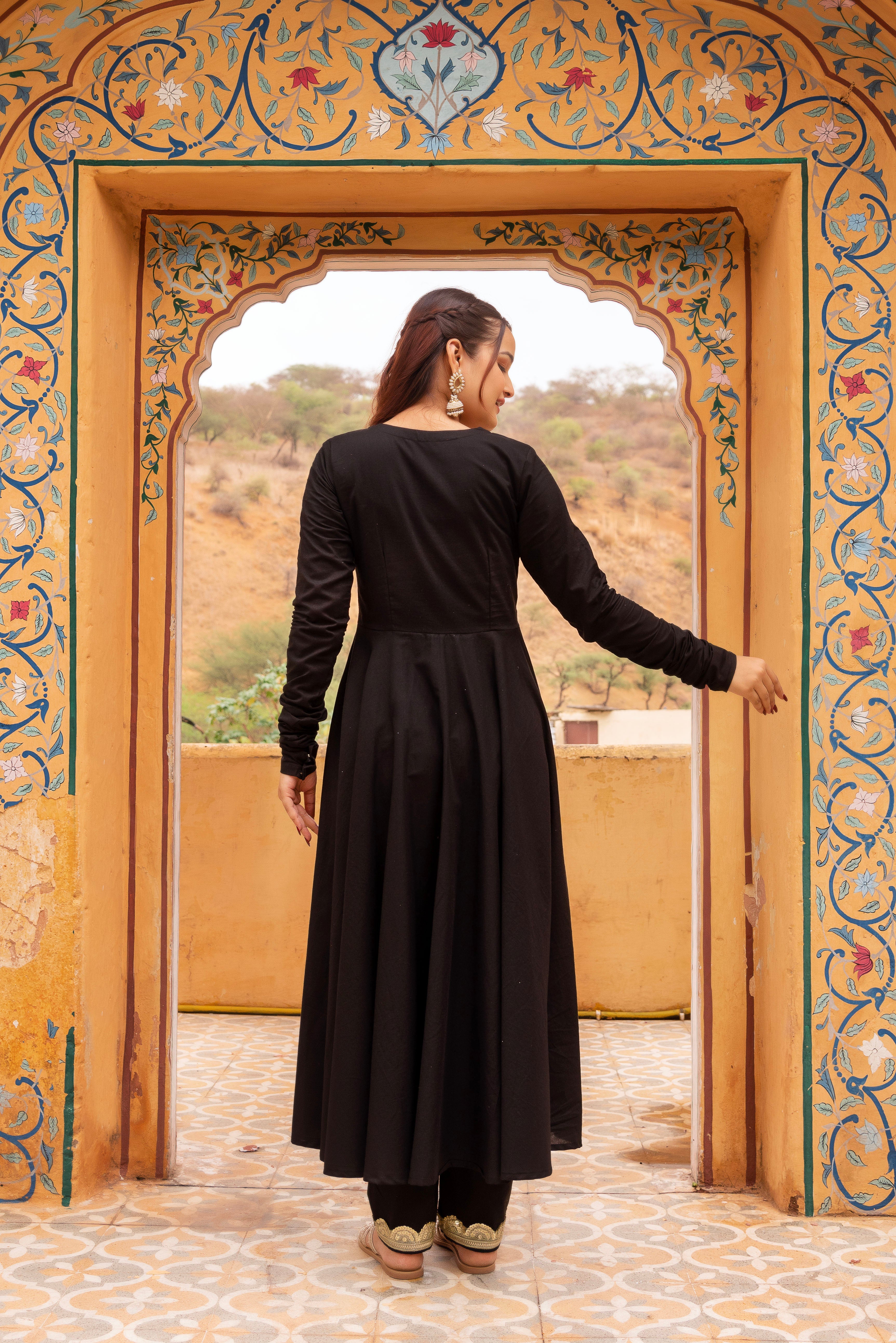 GAURANGI BLACK ROSE COTTON ANARKALI SET