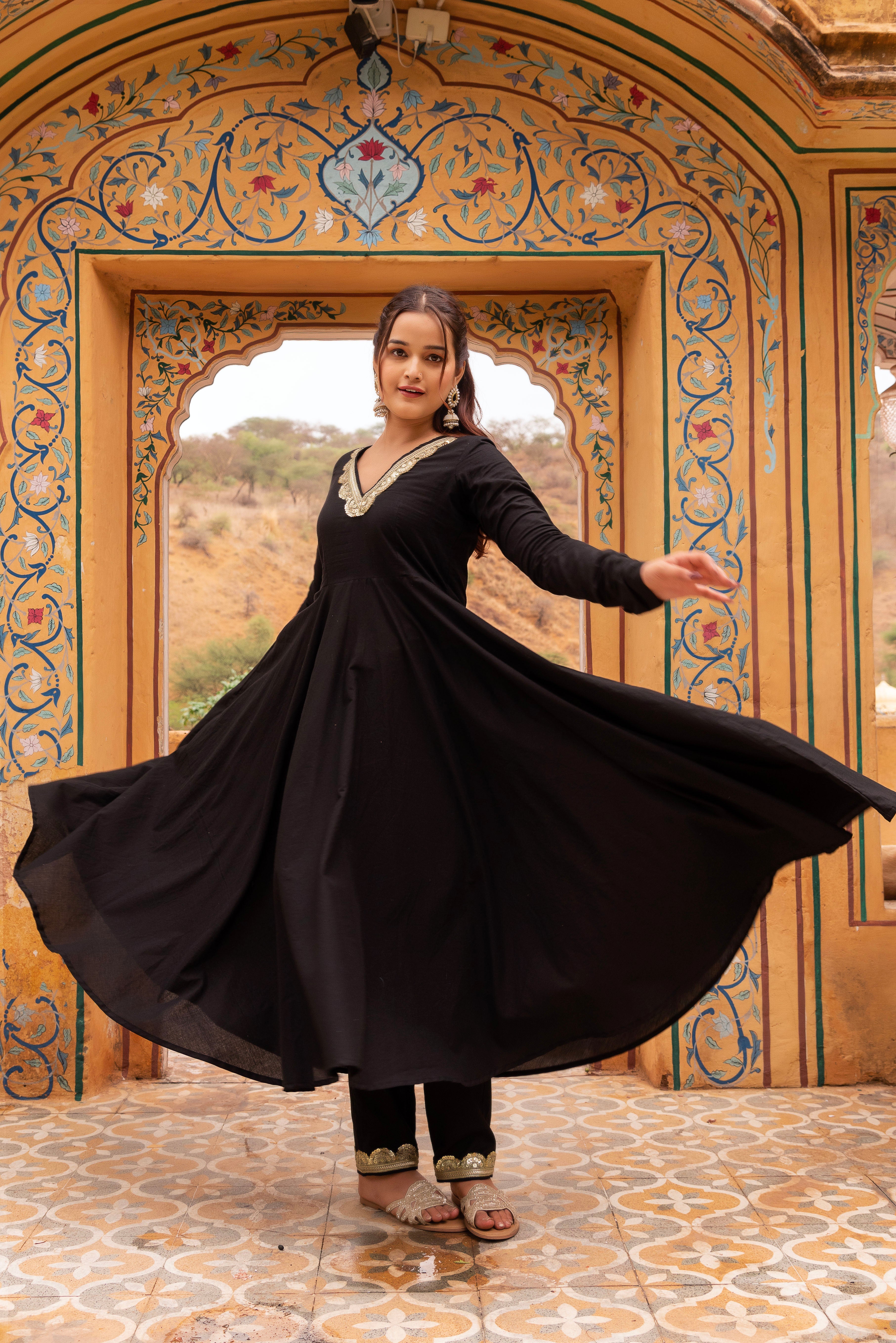 GAURANGI BLACK ROSE COTTON ANARKALI SET