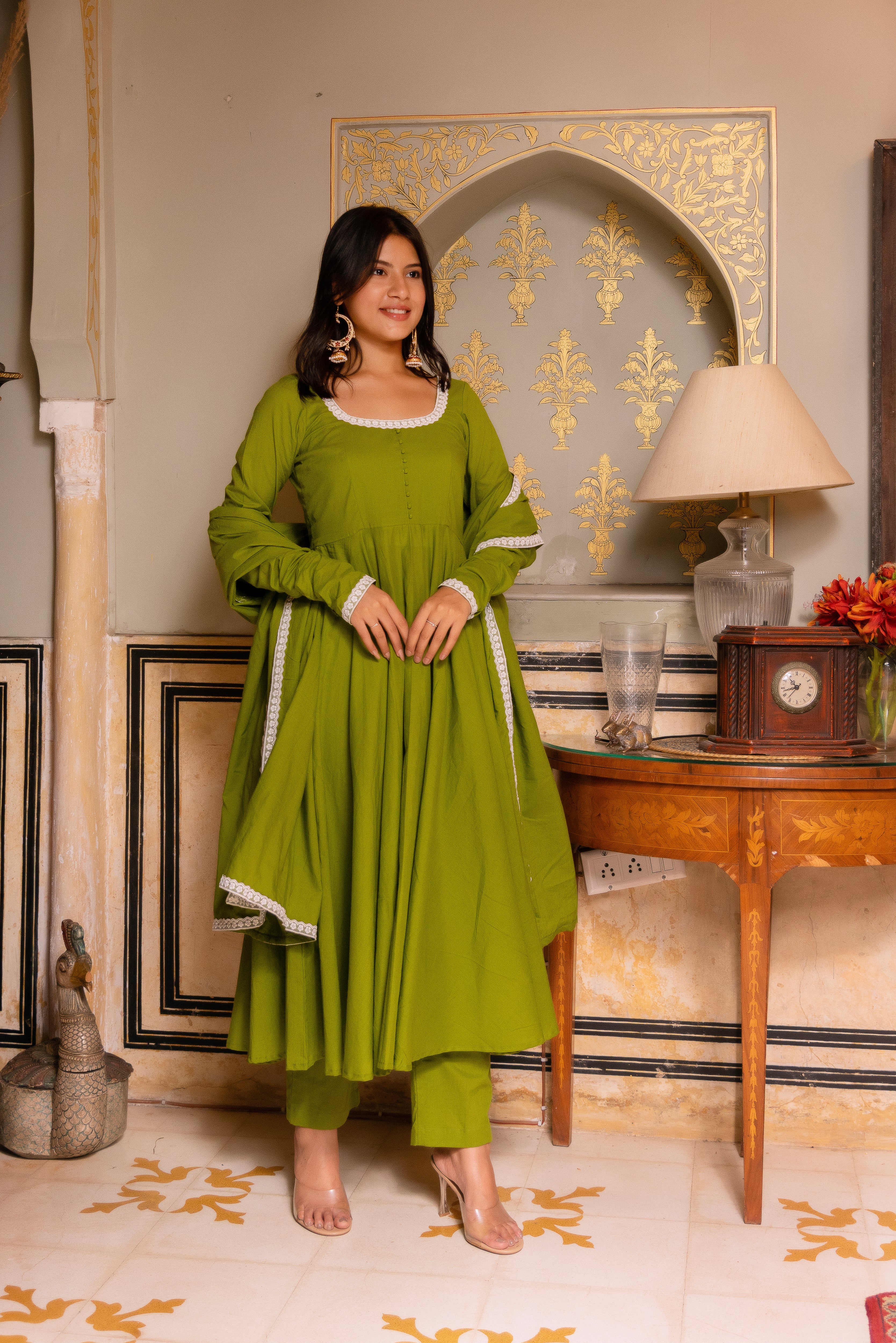 GAURANGI GREEN EMBORIDERY COTTON ANARKALI SET