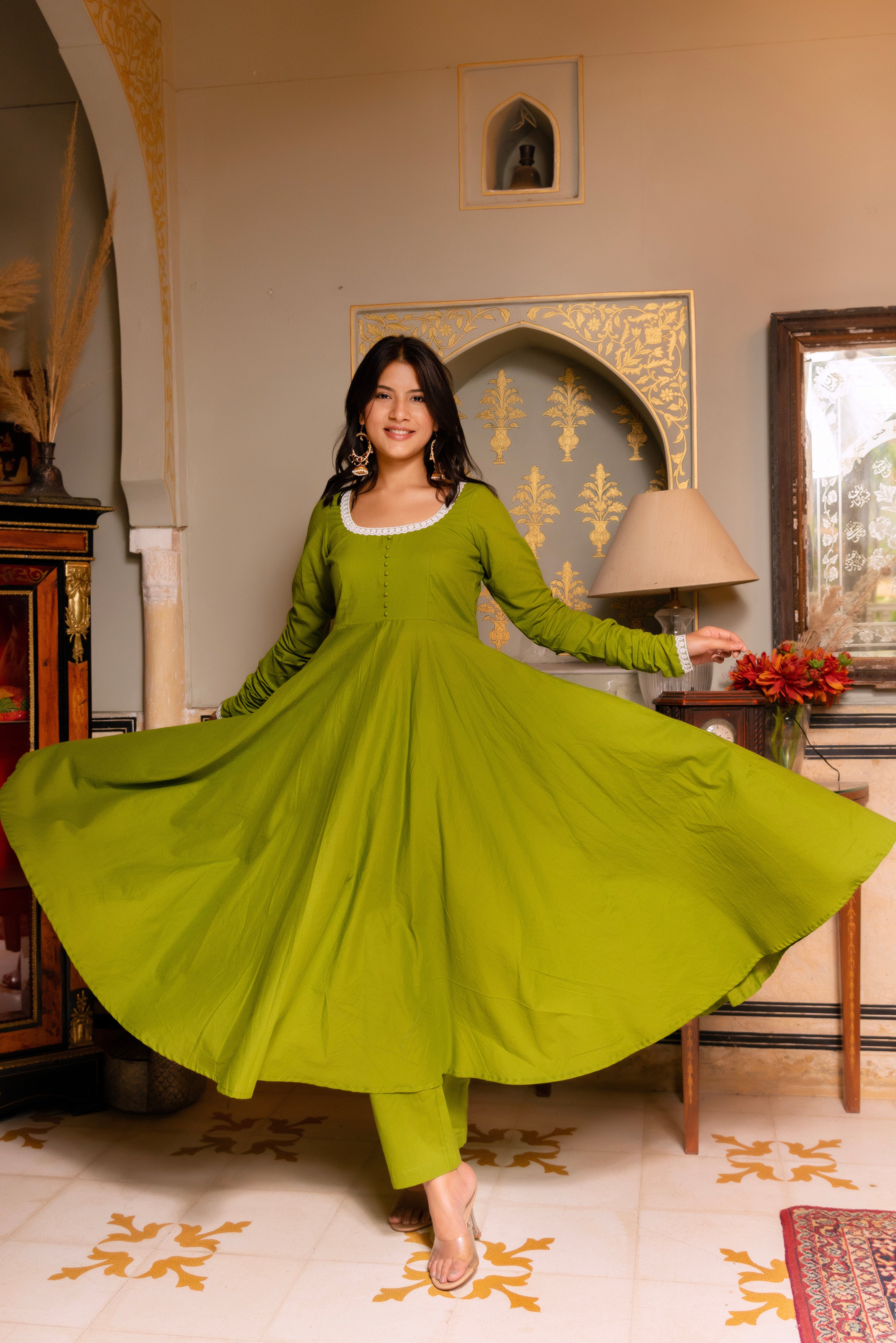 GAURANGI GREEN EMBORIDERY COTTON ANARKALI SET