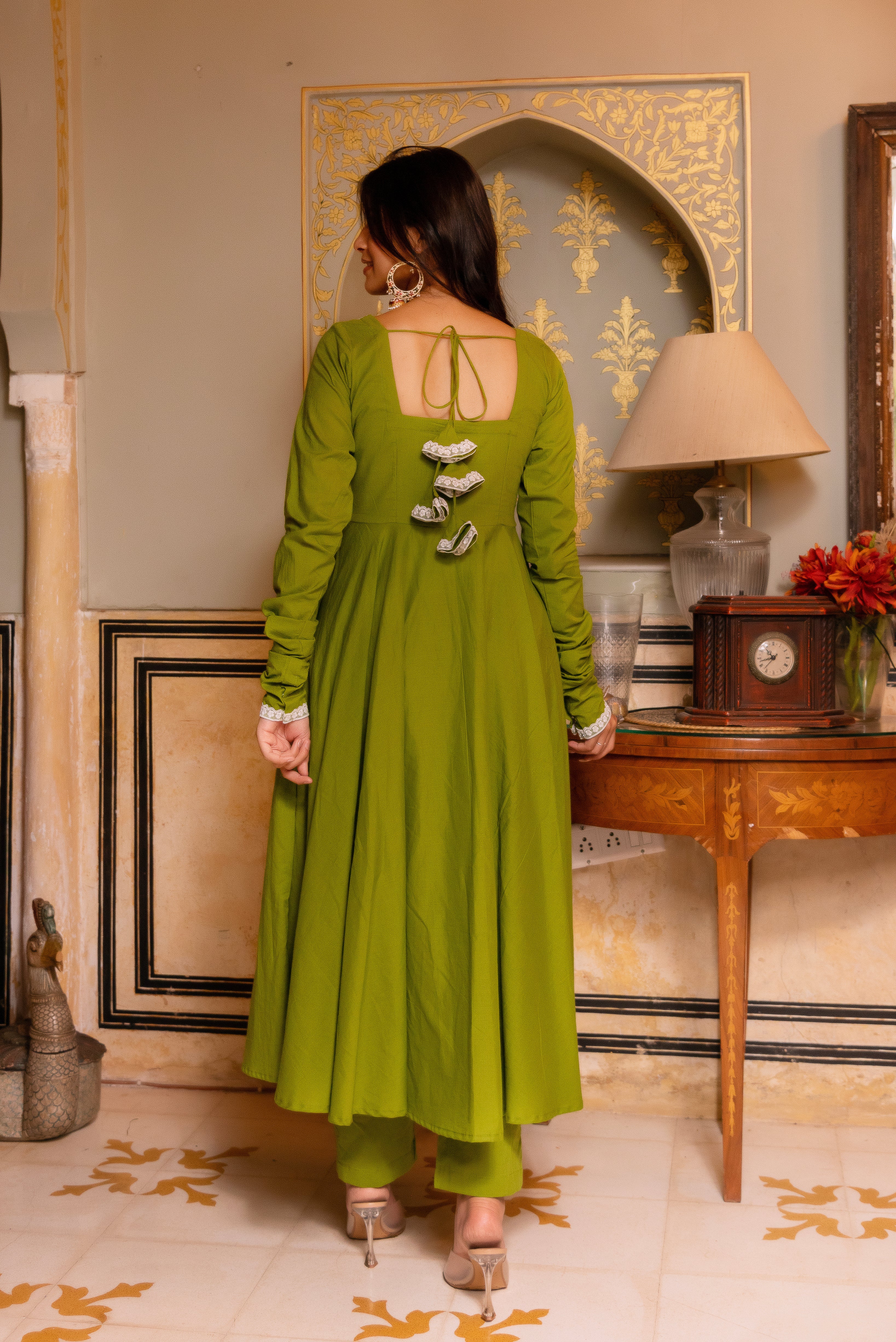 GAURANGI GREEN EMBORIDERY COTTON ANARKALI SET