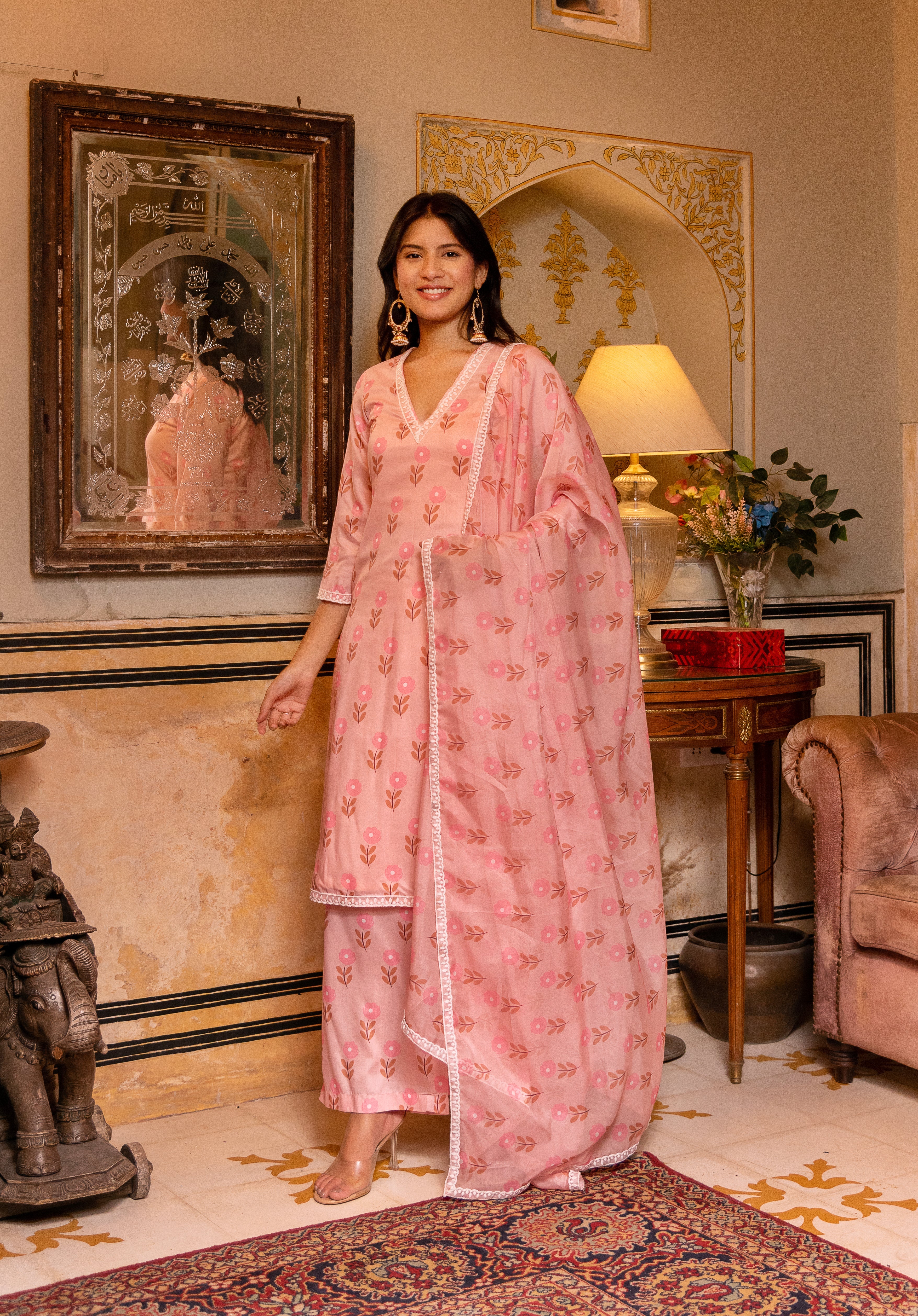 GAURANGI PEACH MUSLIN PRINTED SUIT SET