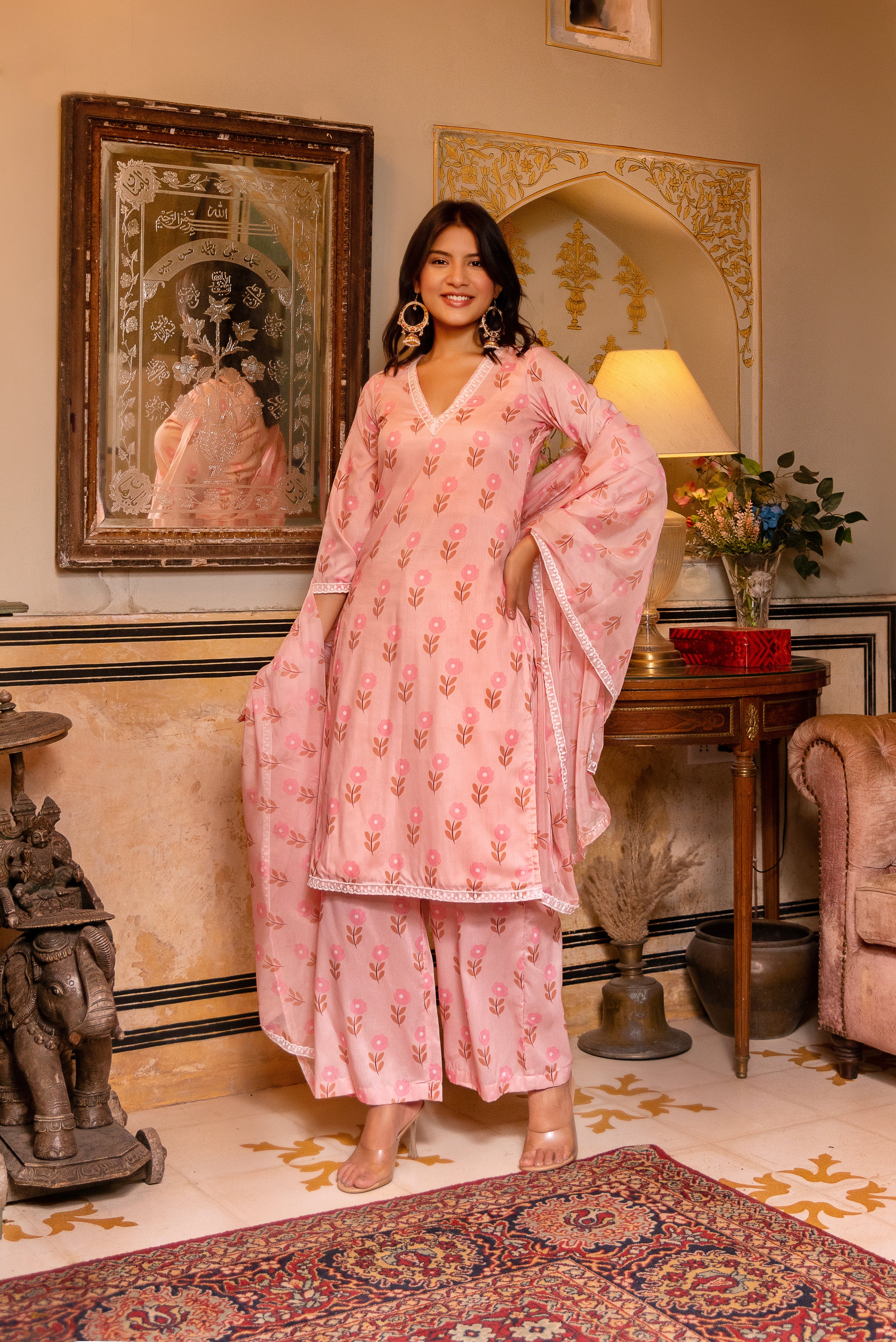 GAURANGI PEACH MUSLIN PRINTED SUIT SET