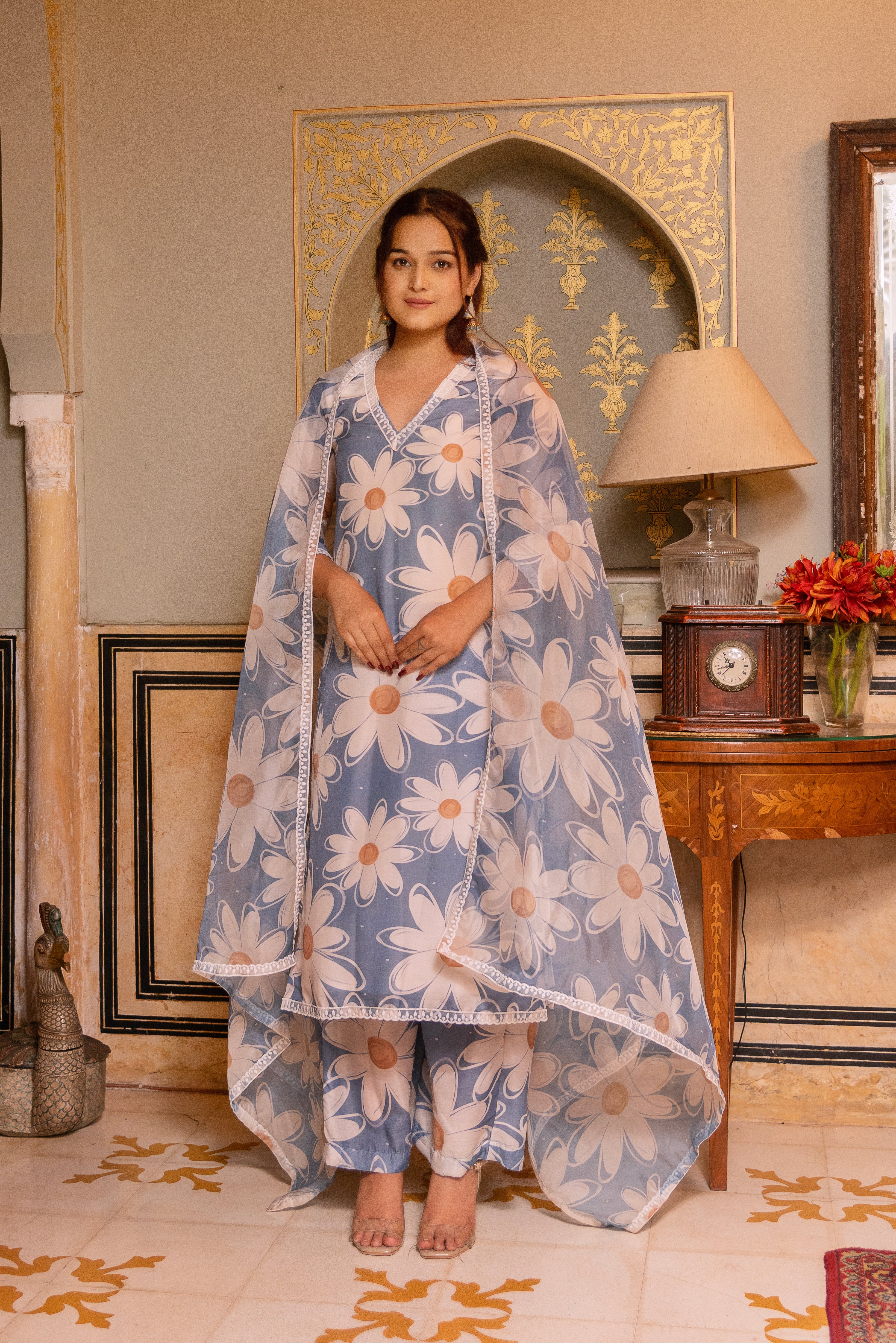 GAURANGI WHITE PHOOL POWDER BLUE MUSLIN SUIT SET