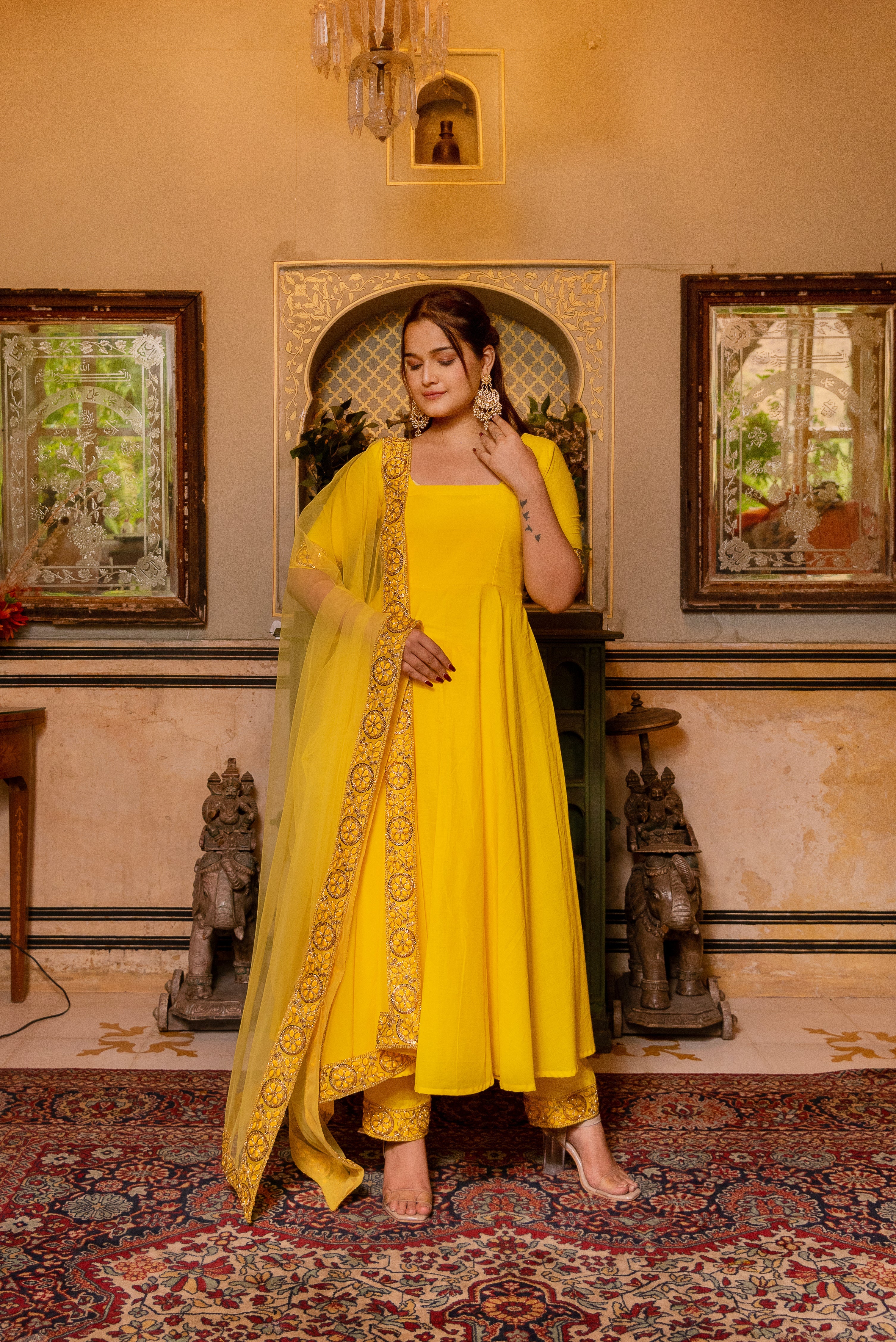 GAURANGI YELLOW GOTTA LACE EMBORIDERY COTTON ANARKALI SET