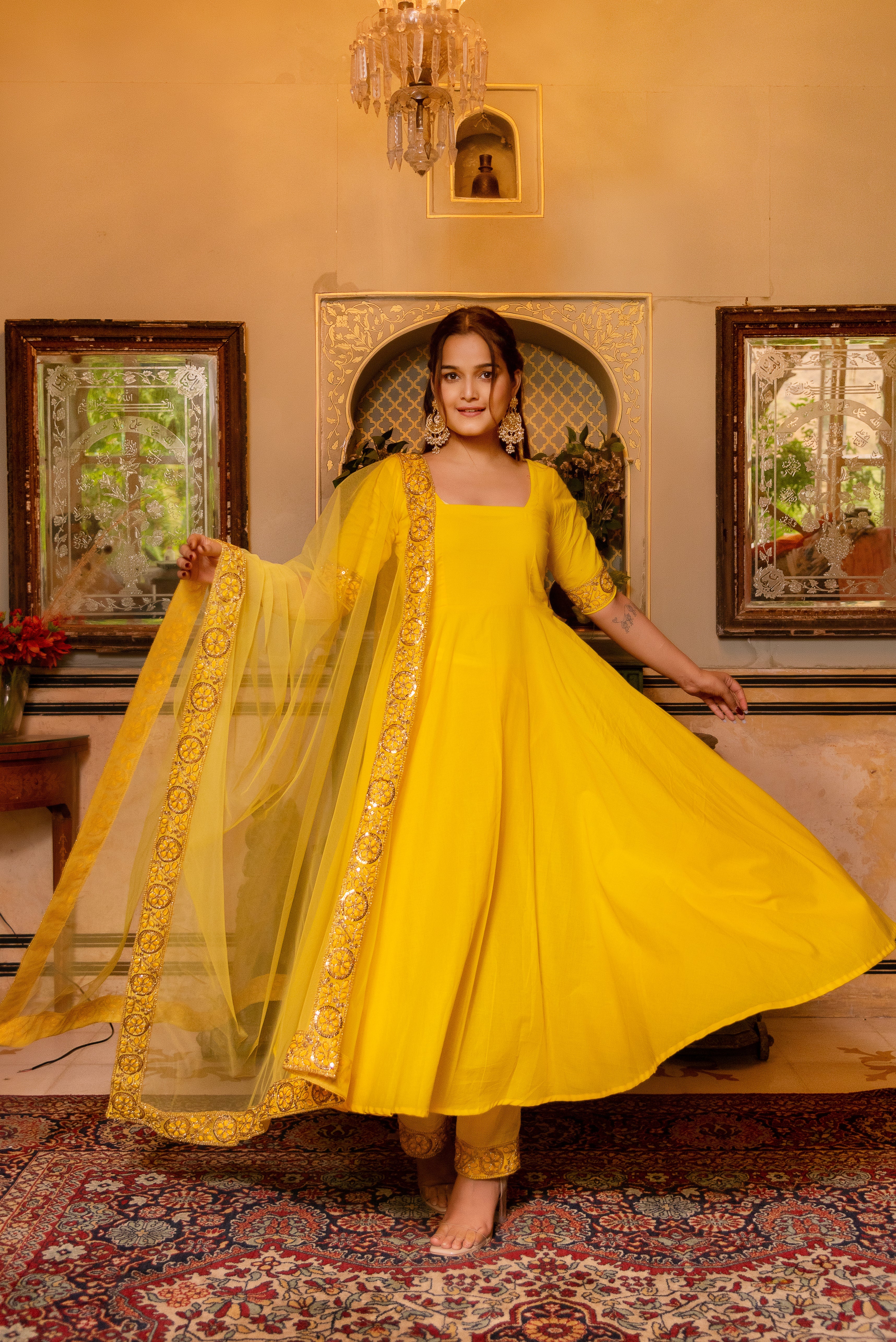 GAURANGI YELLOW GOTTA LACE EMBORIDERY COTTON ANARKALI SET