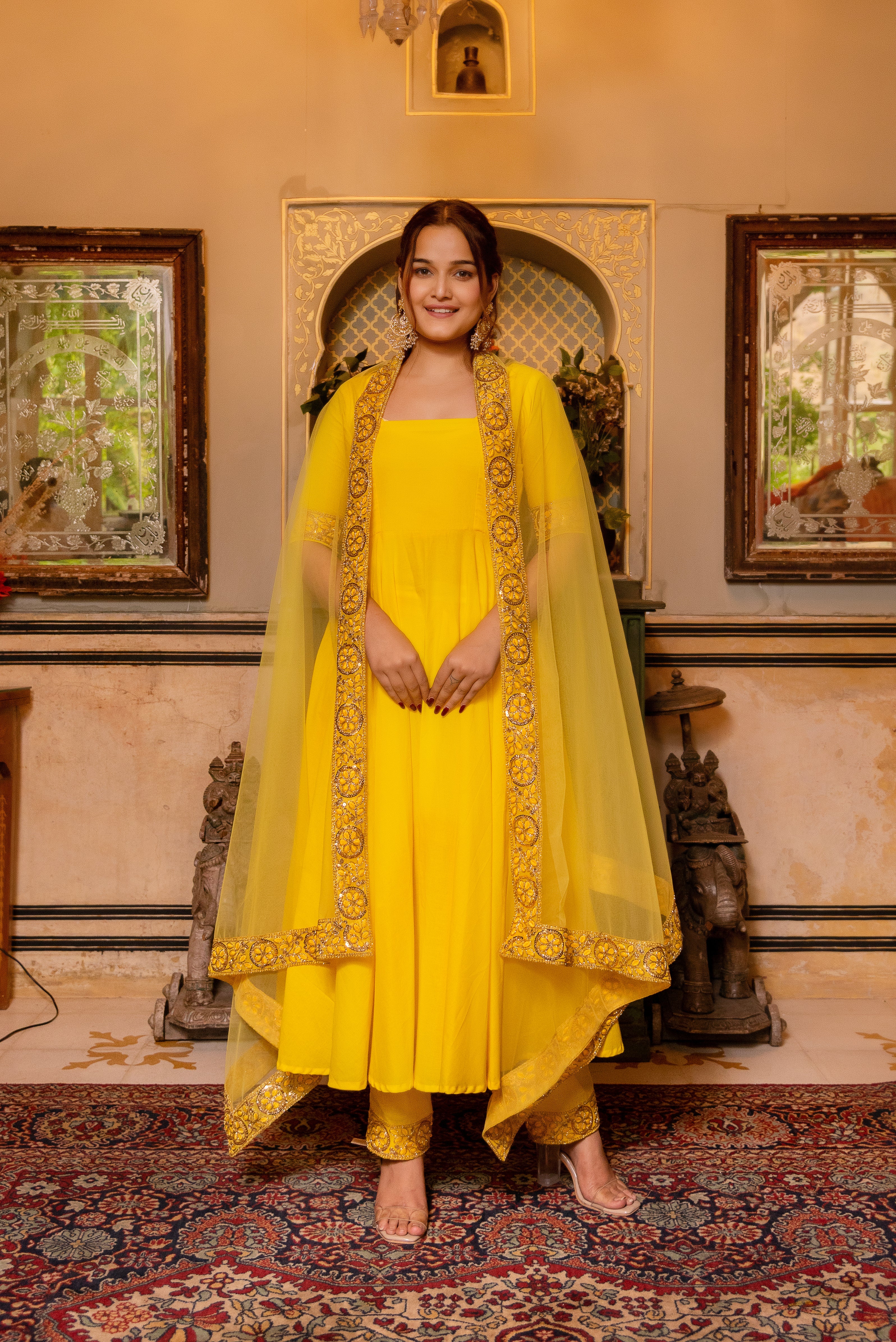 GAURANGI YELLOW GOTTA LACE EMBORIDERY COTTON ANARKALI SET