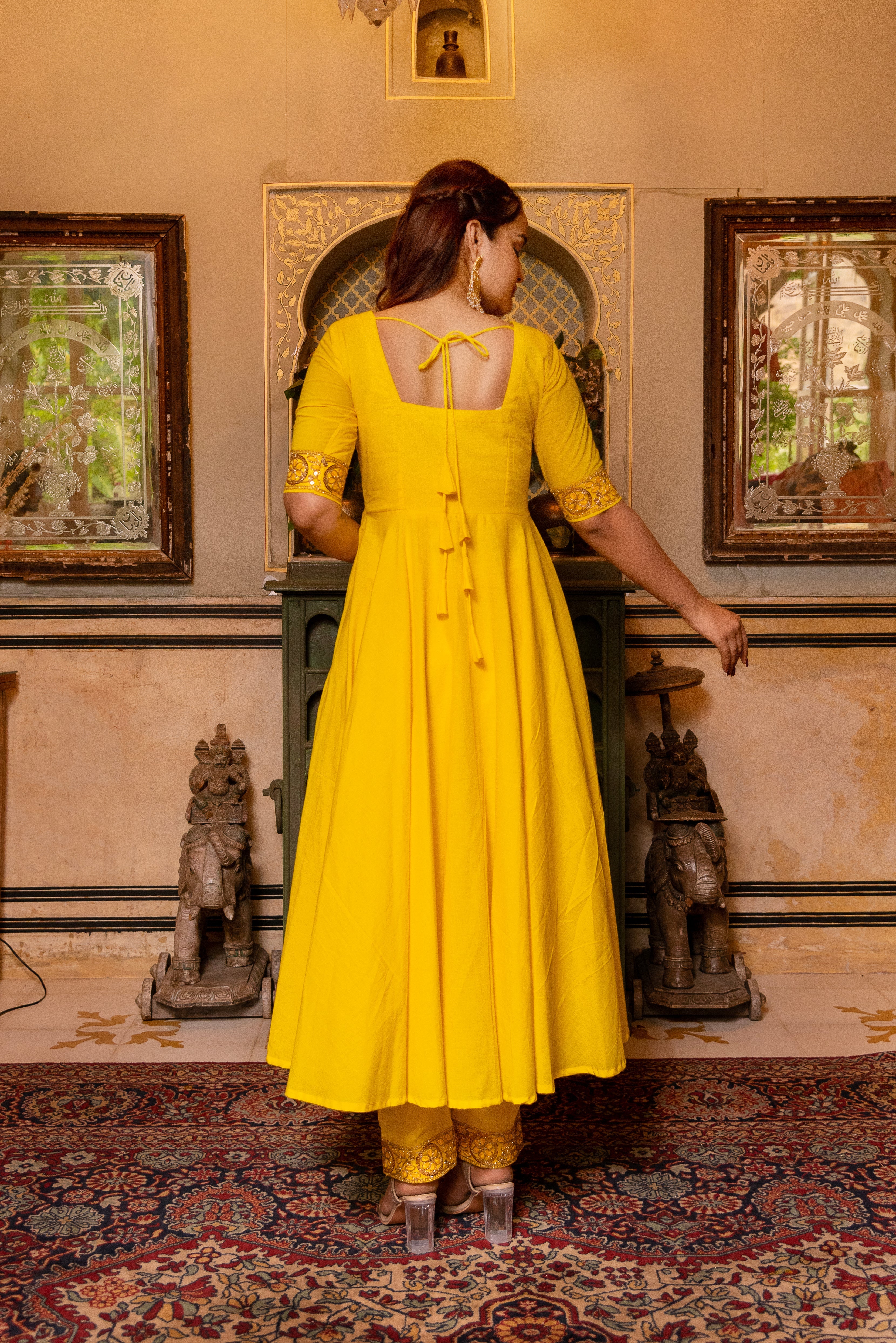 GAURANGI YELLOW GOTTA LACE EMBORIDERY COTTON ANARKALI SET