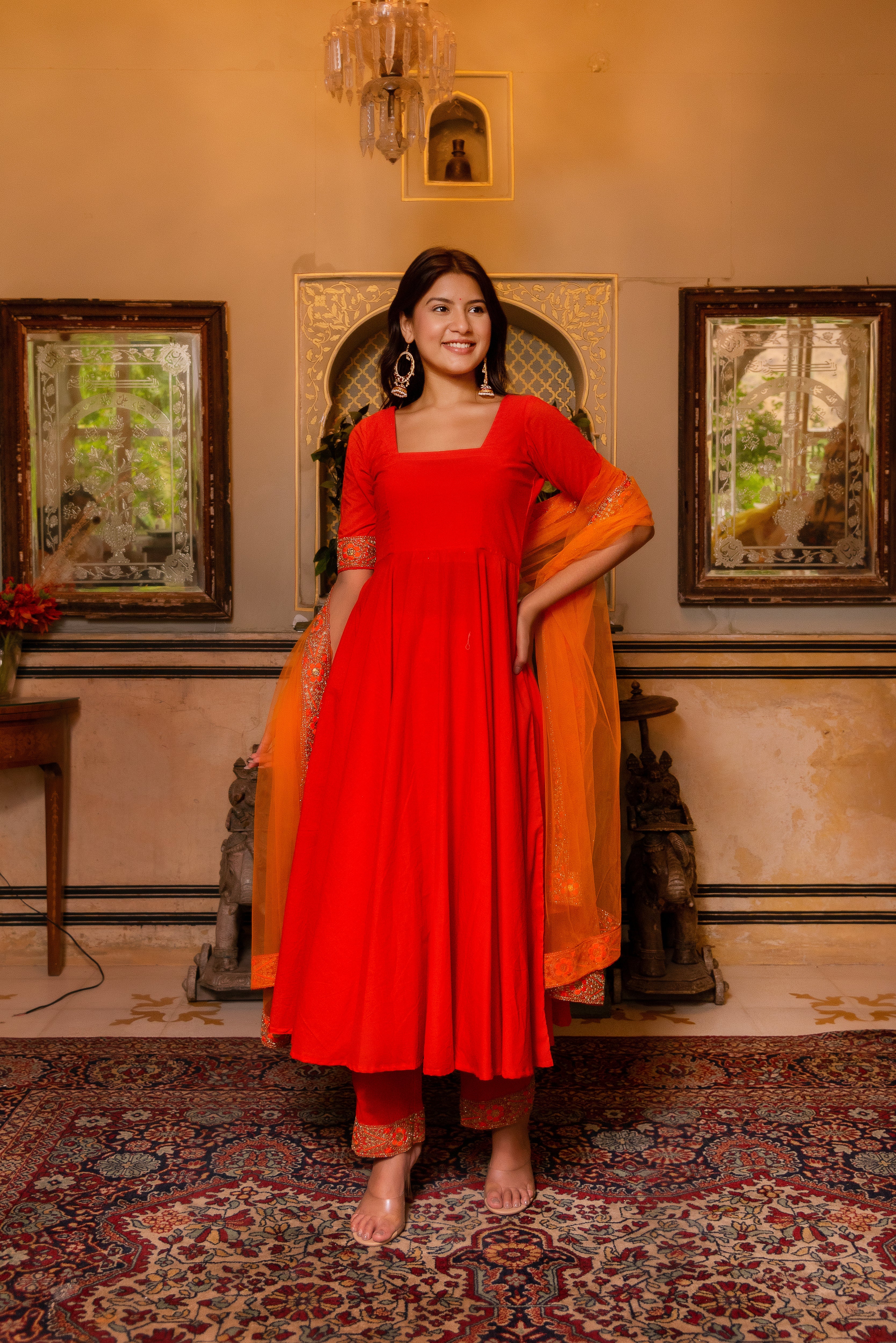 GAURANGI ORANGE GOTTA EMBORIDERY COTTON ANARKALI SET