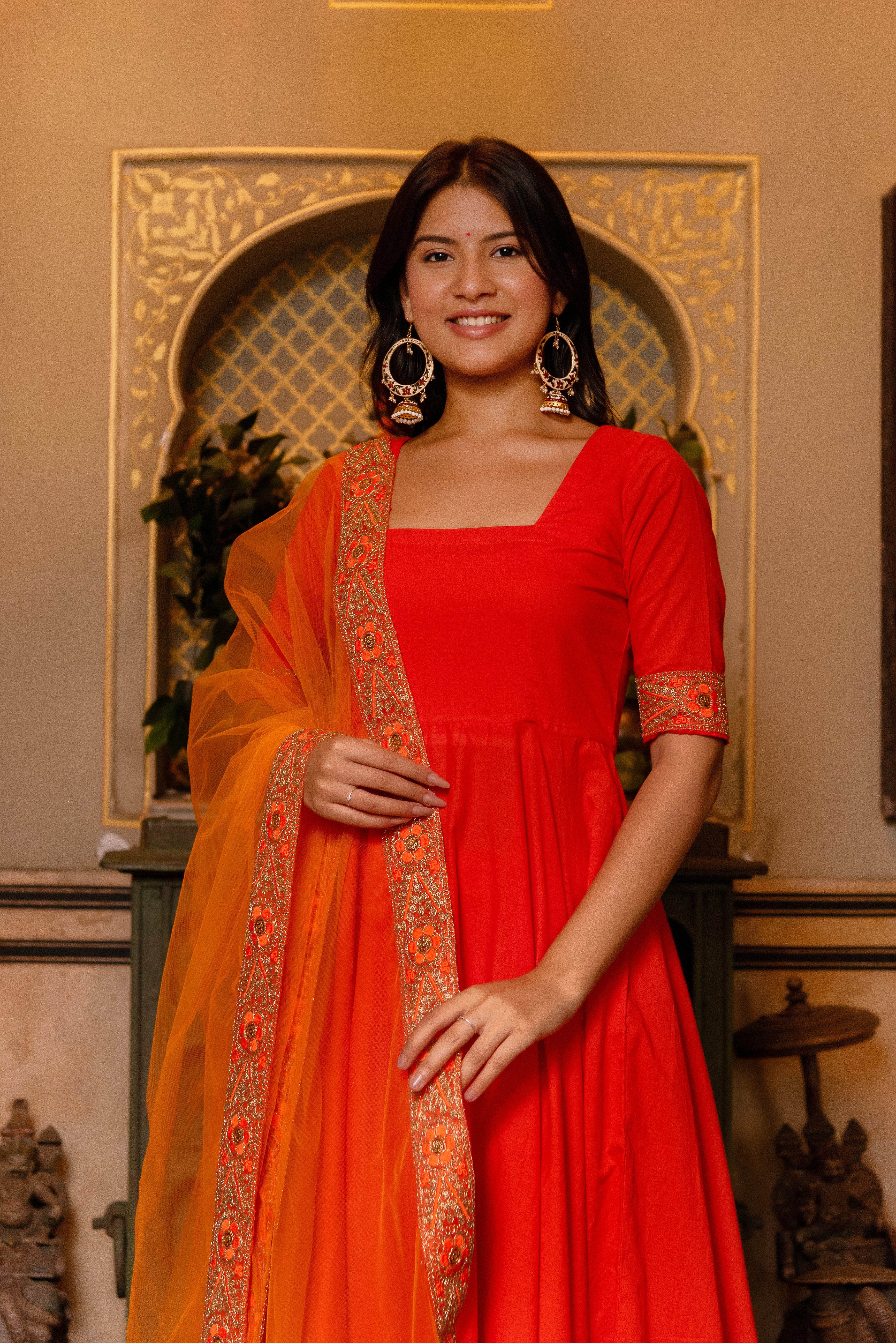 GAURANGI ORANGE GOTTA EMBORIDERY COTTON ANARKALI SET