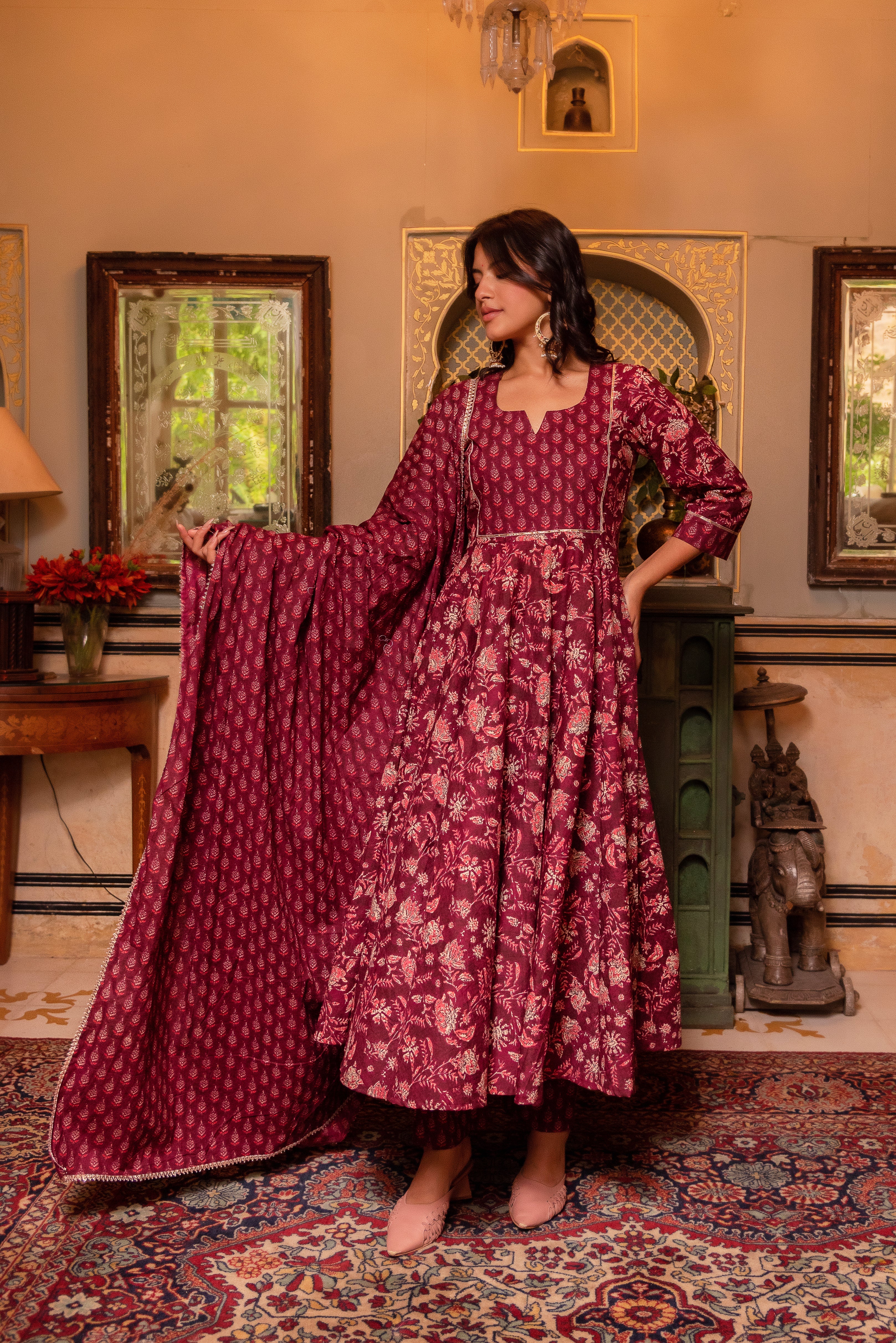 GAURANGI MAROON HAND BLOCK PRINT COTTON ANARKALI SET