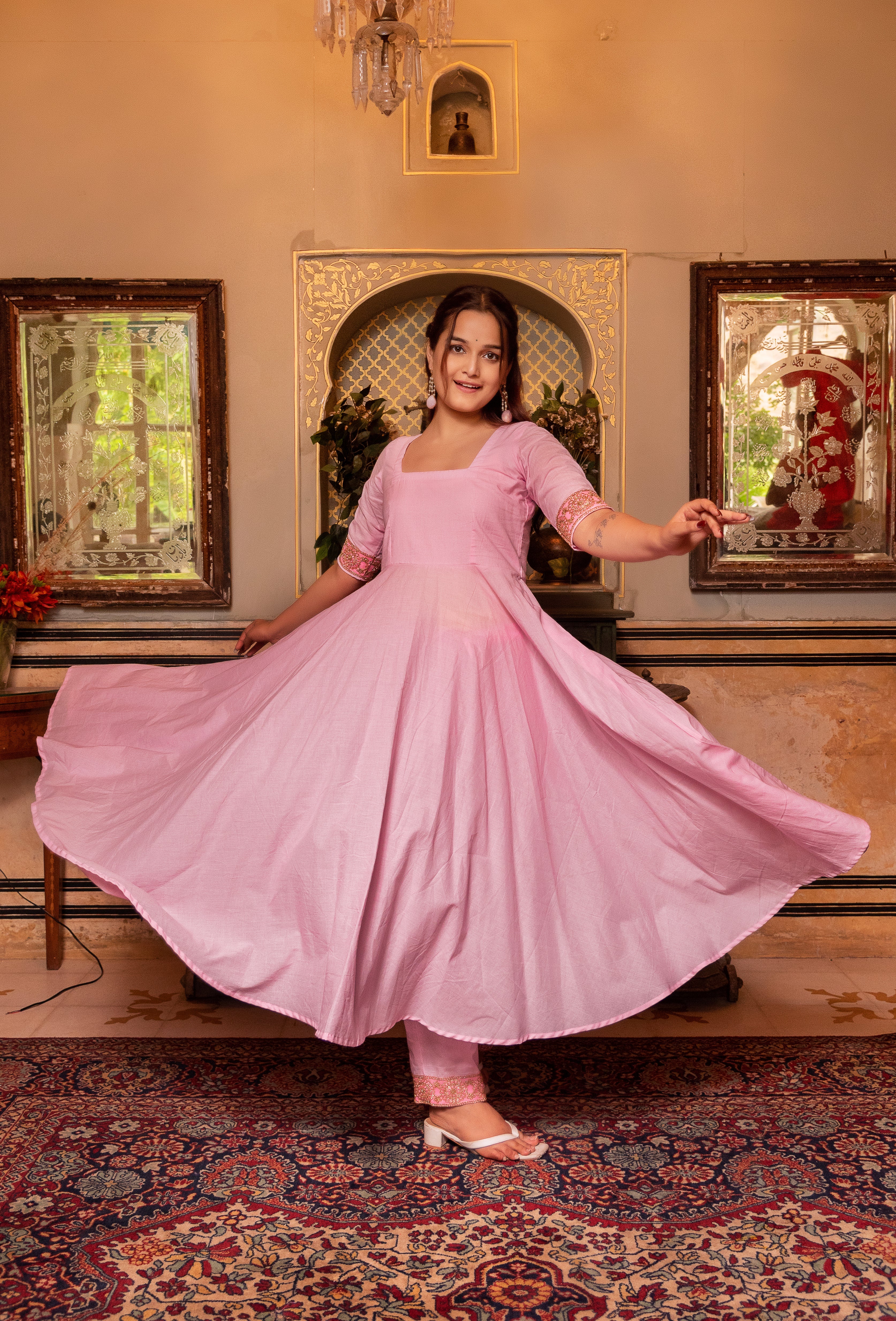 GAURANGI PINK GOTTA LACE EMBORIDERY COTTON ANARKALI SET