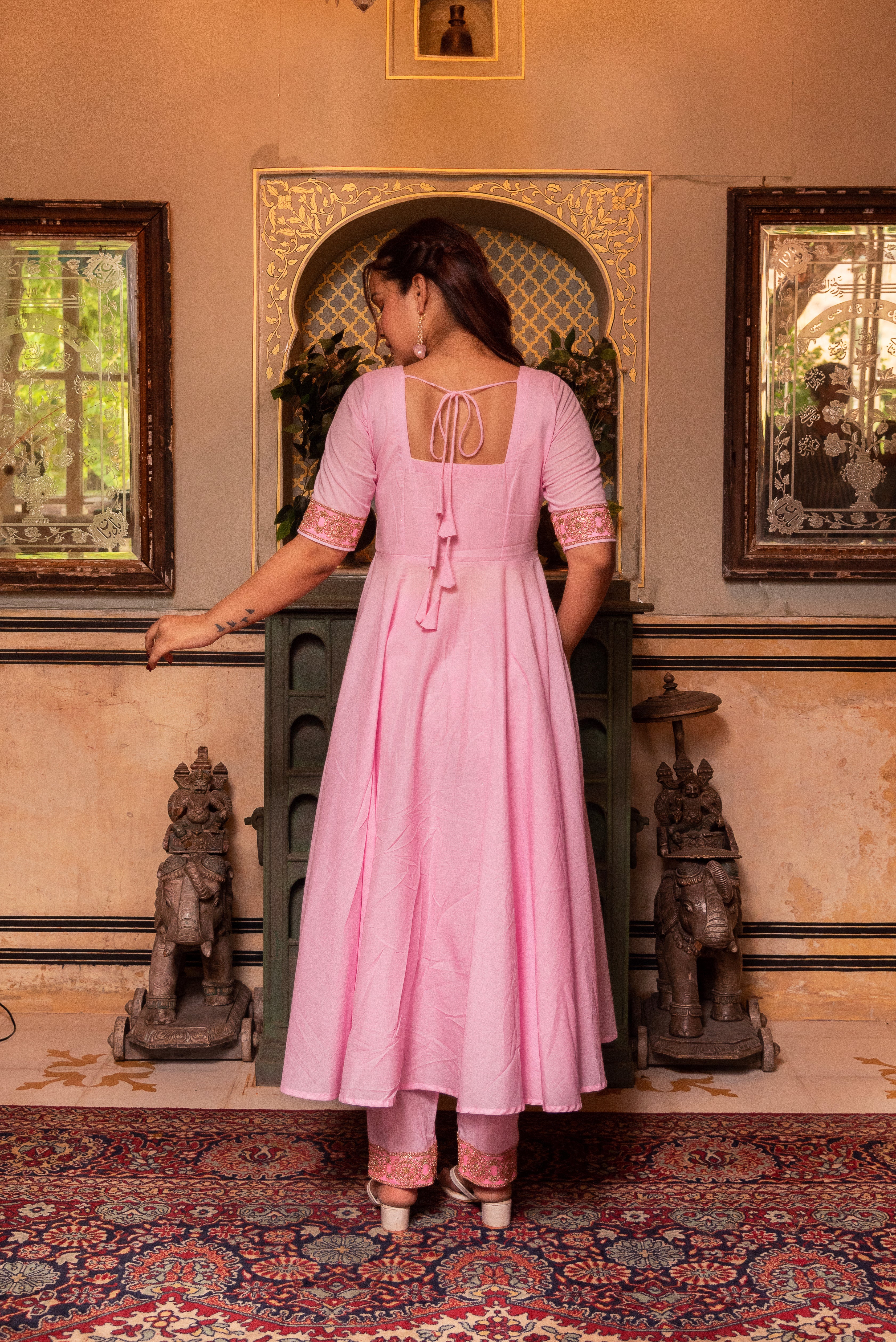 GAURANGI PINK GOTTA LACE EMBORIDERY COTTON ANARKALI SET