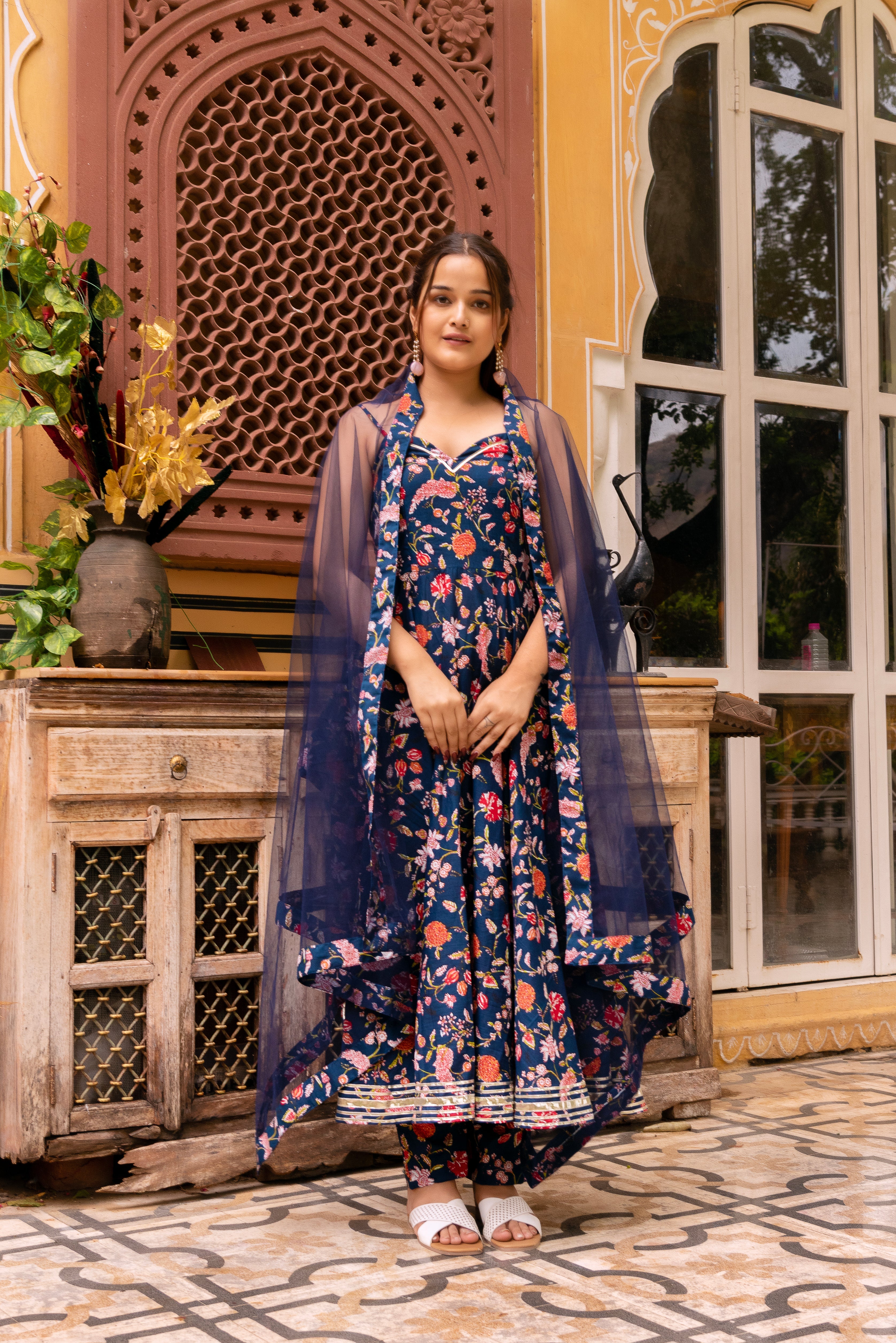 GAURANGI PRISHA BLUE PEINTED COTTON ANARKALI SET