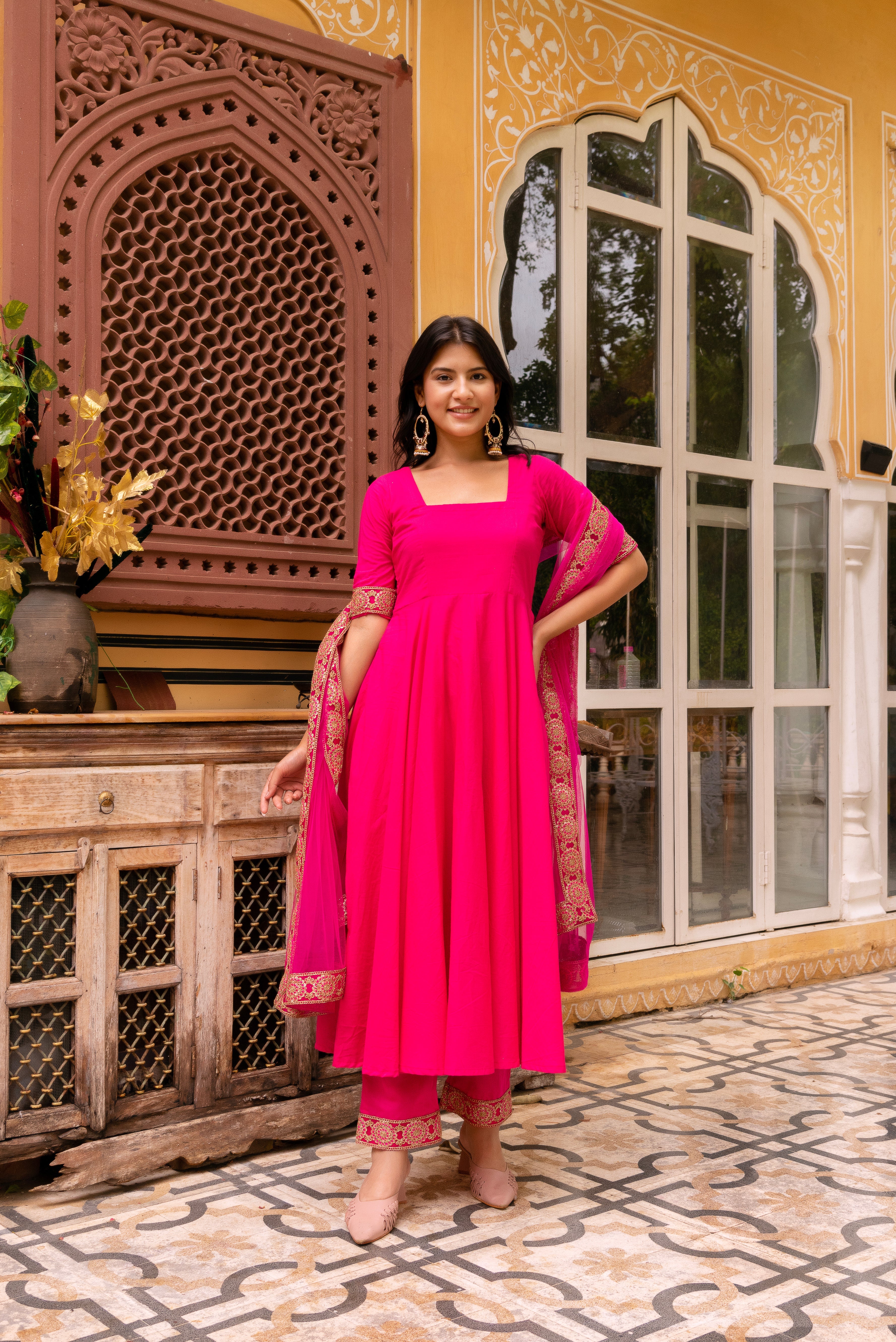 GAURANGI RAANI PINK  GOTTA LACE EMBORIDERY COTTON ANARKALI SET