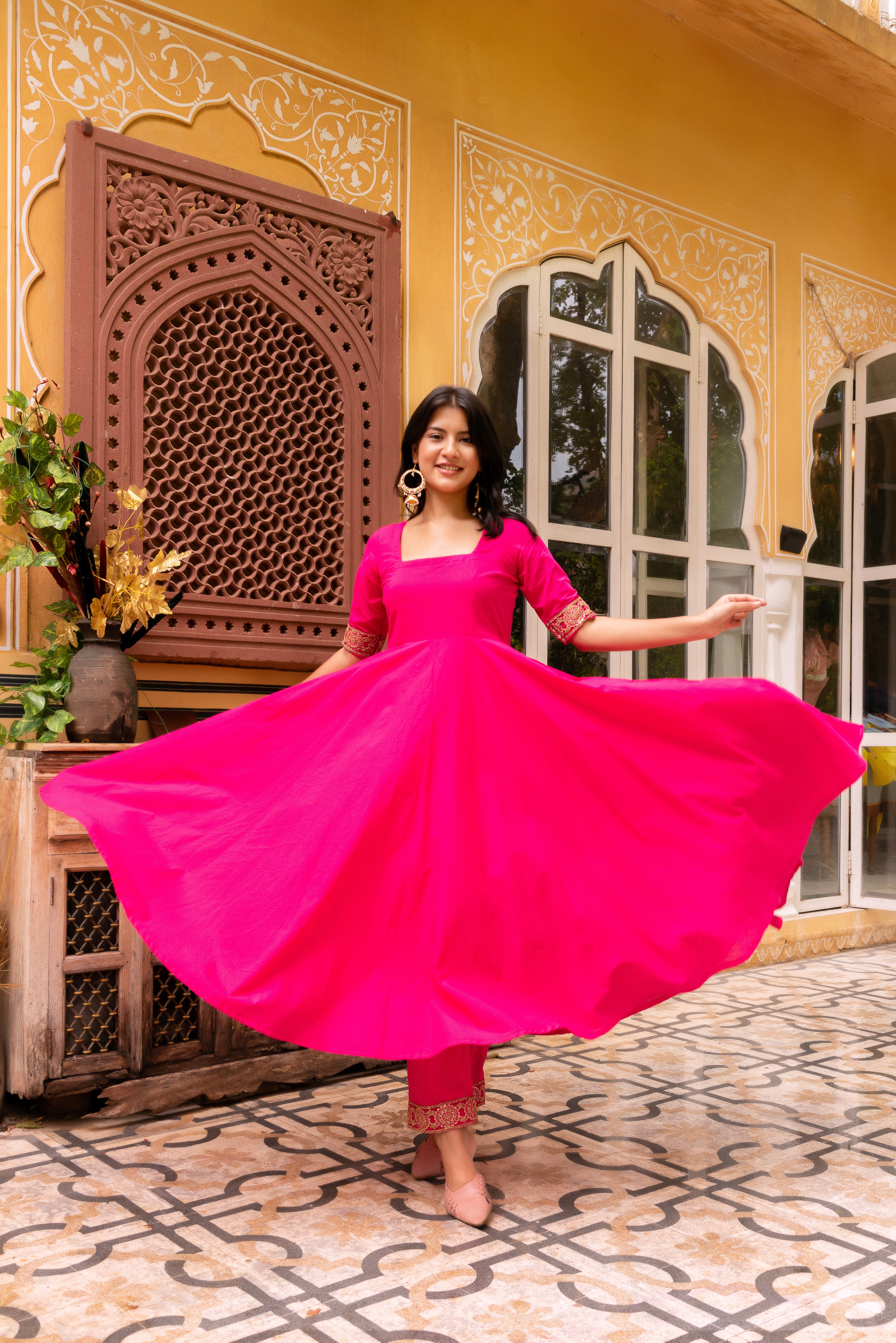 GAURANGI RAANI PINK  GOTTA LACE EMBORIDERY COTTON ANARKALI SET