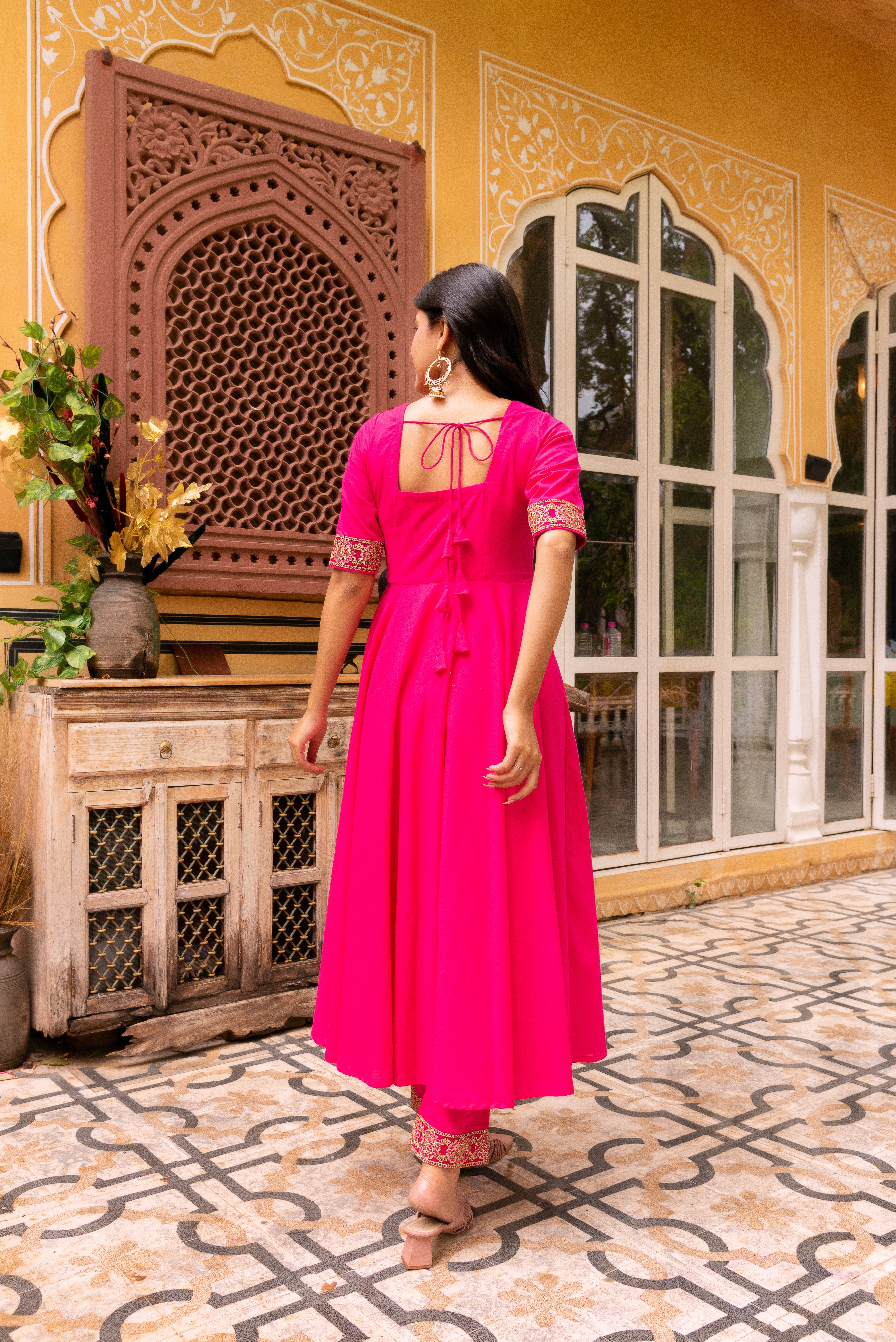 GAURANGI RAANI PINK  GOTTA LACE EMBORIDERY COTTON ANARKALI SET