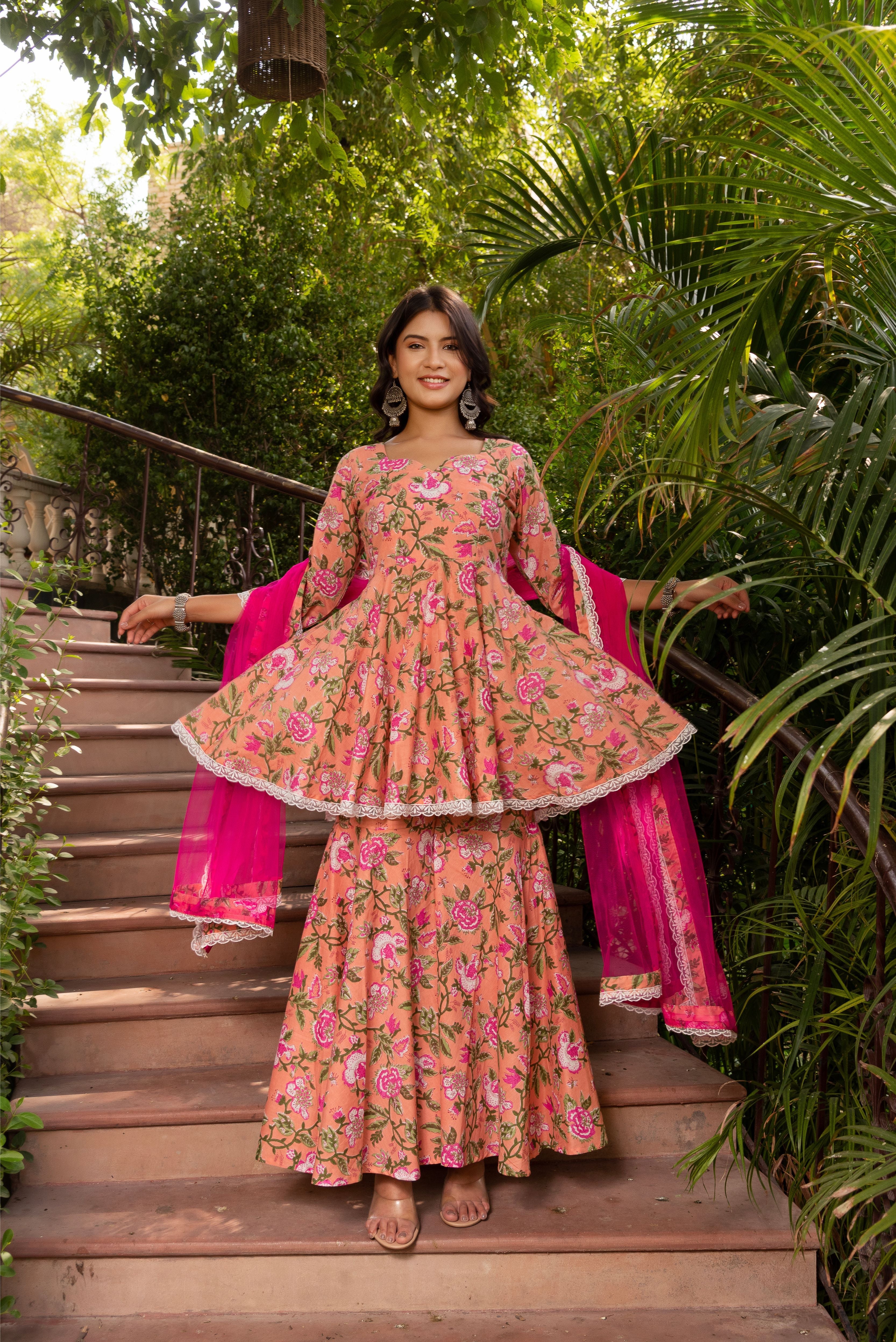 GAURANGI PEACH COTTON FLORAL SHARARA SET