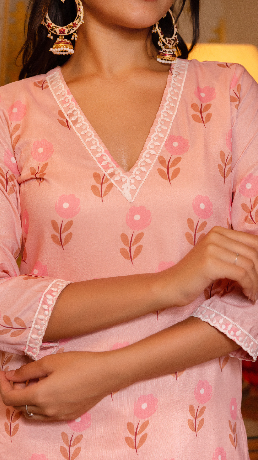 GAURANGI PEACH MUSLIN PRINTED SUIT SET