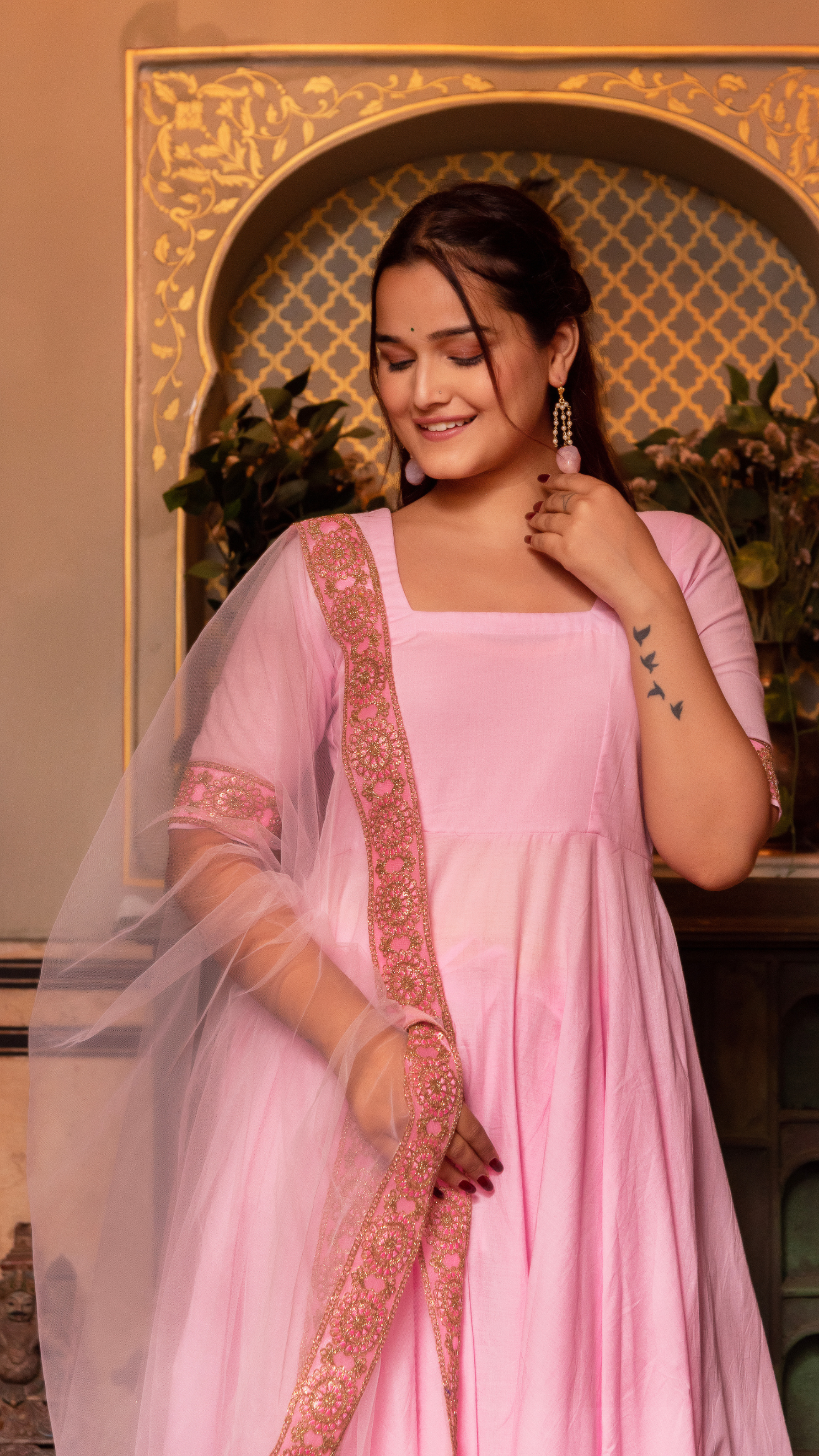 GAURANGI PINK GOTTA LACE EMBORIDERY COTTON ANARKALI SET