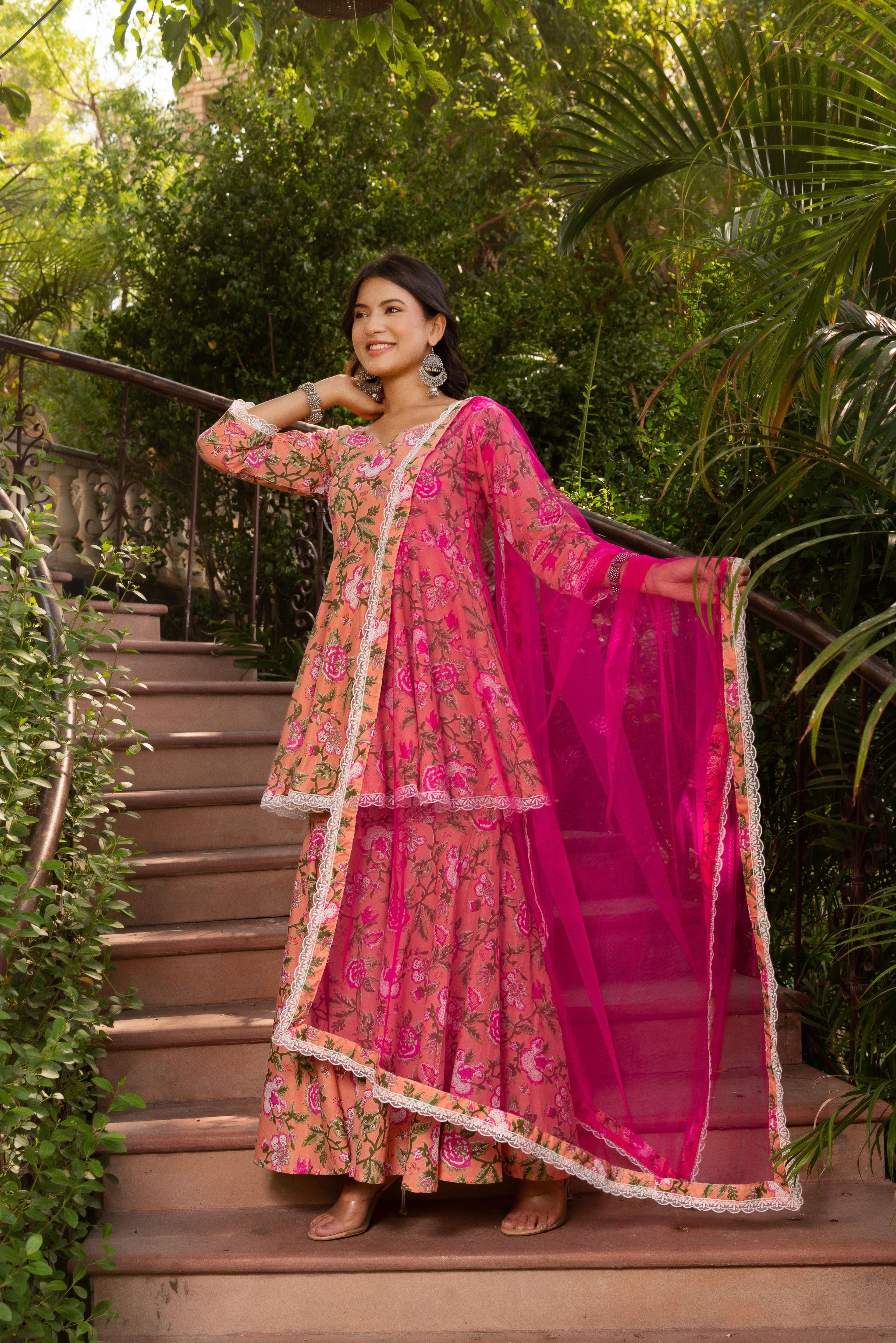 GAURANGI PEACH COTTON FLORAL SHARARA SET