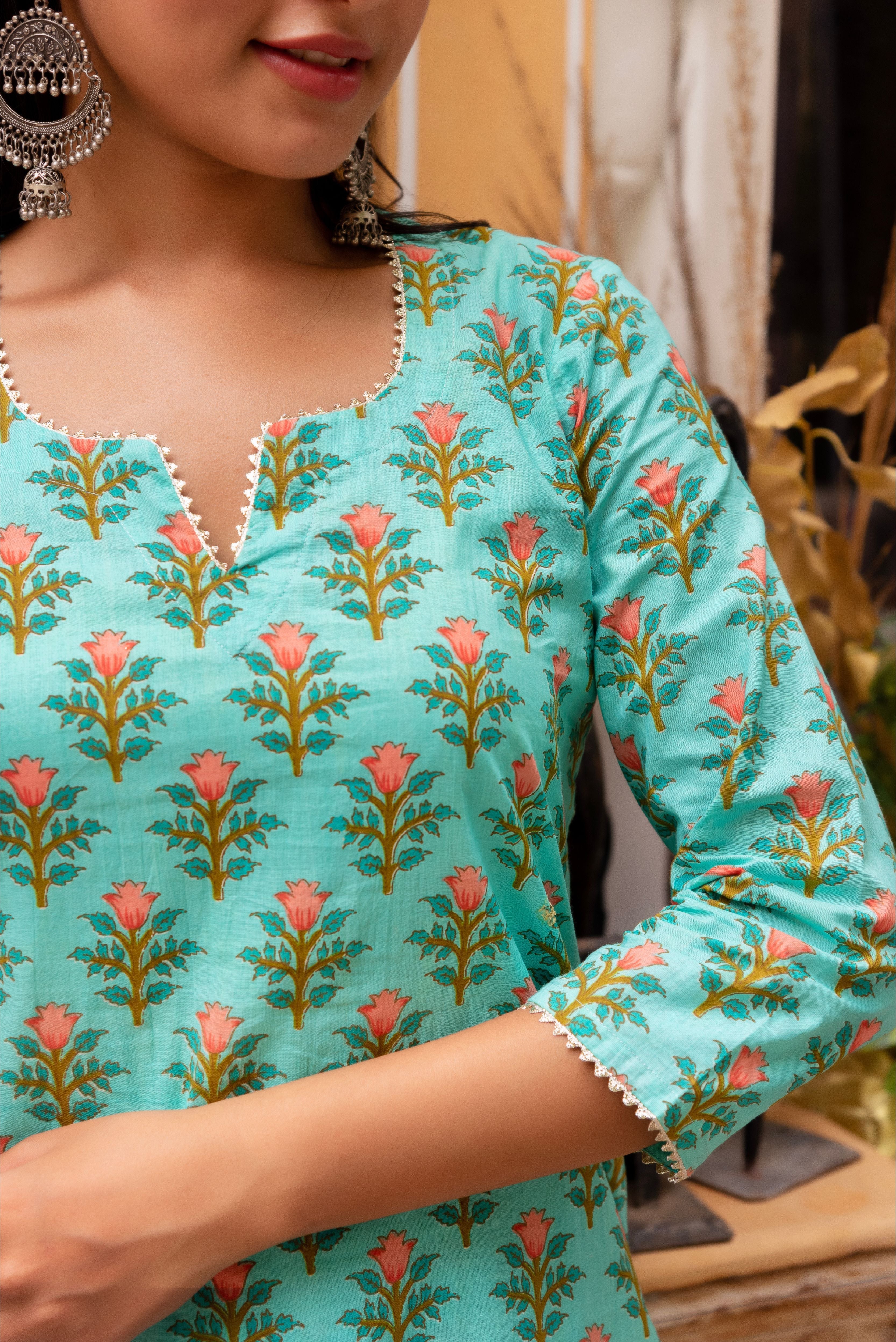 GAURANGI AQUA GREEN COTTON PRINTED SUIT SET